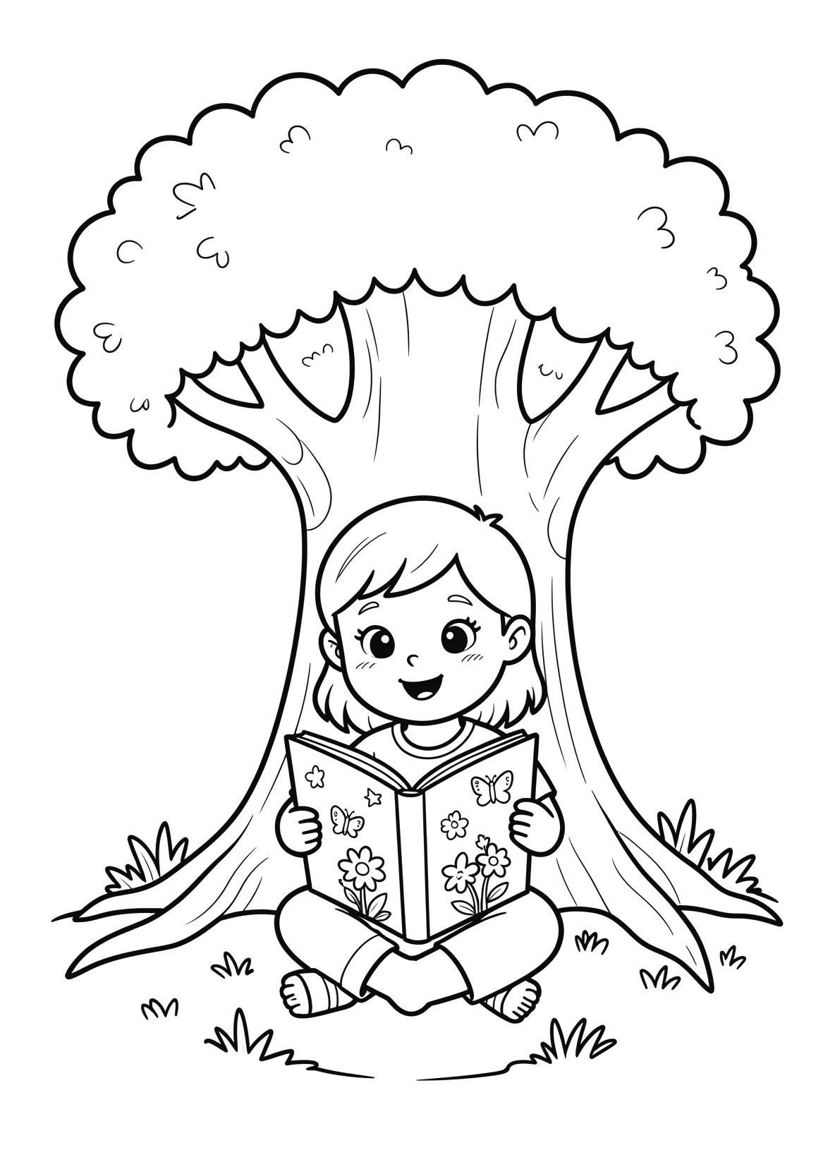 Ausmalbild Kind sitzt unter einem großen Baum - Ausmalbild aus der Kategorie Natur - kostenlos ausdrucken