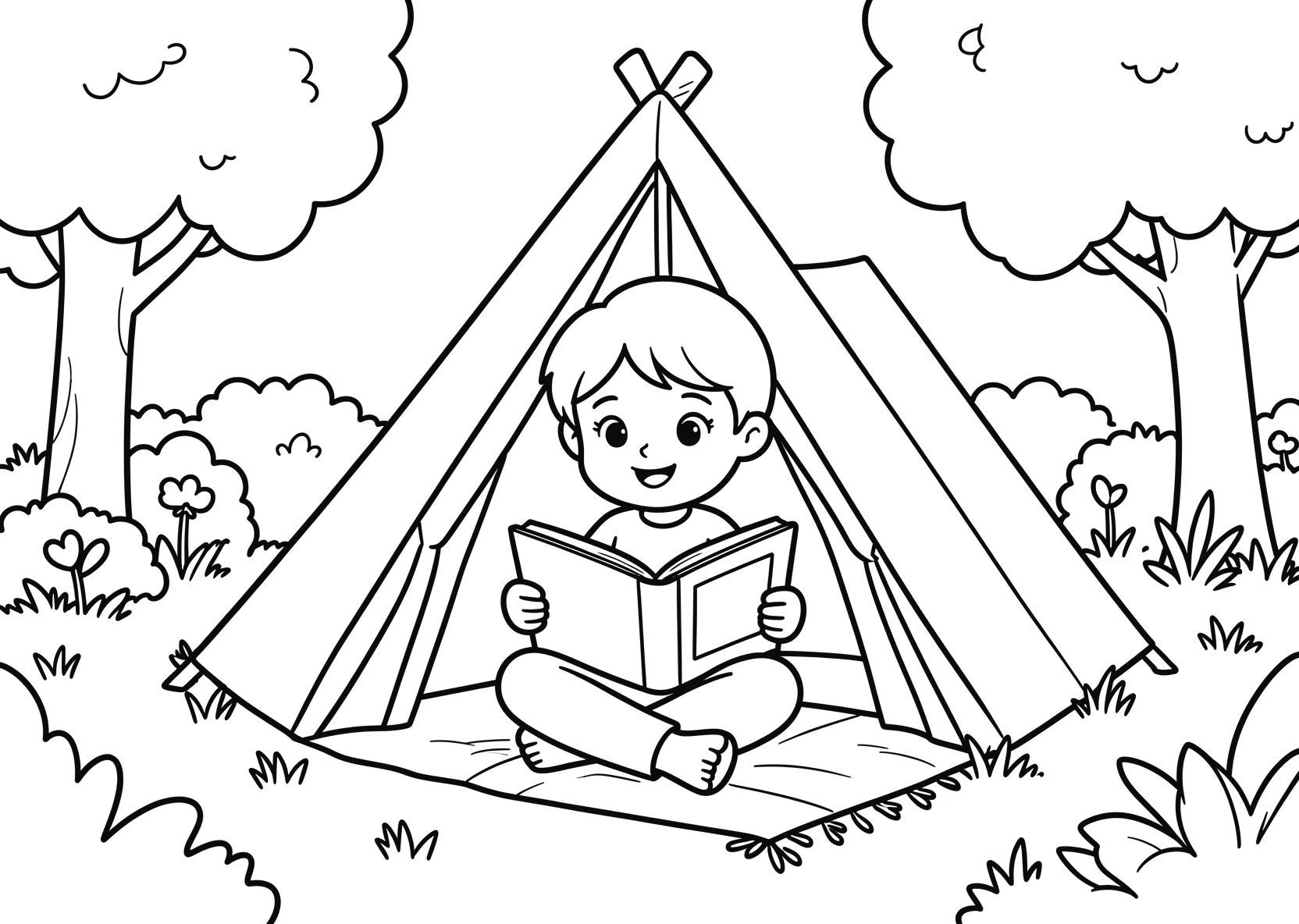 Ausmalbild Kind liest ein Buch in einem Zelt im Garten - Ausmalbild aus der Kategorie Natur - kostenlos ausdrucken