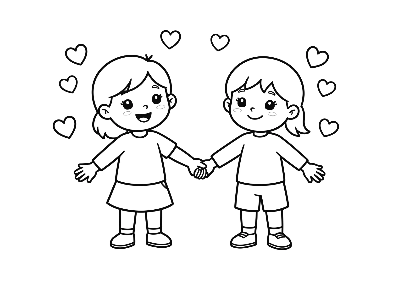 Ausmalbild Zwei Kinder halten sich an den Händen mit - Ausmalbild aus der Kategorie Sonstiges - kostenlos ausdrucken