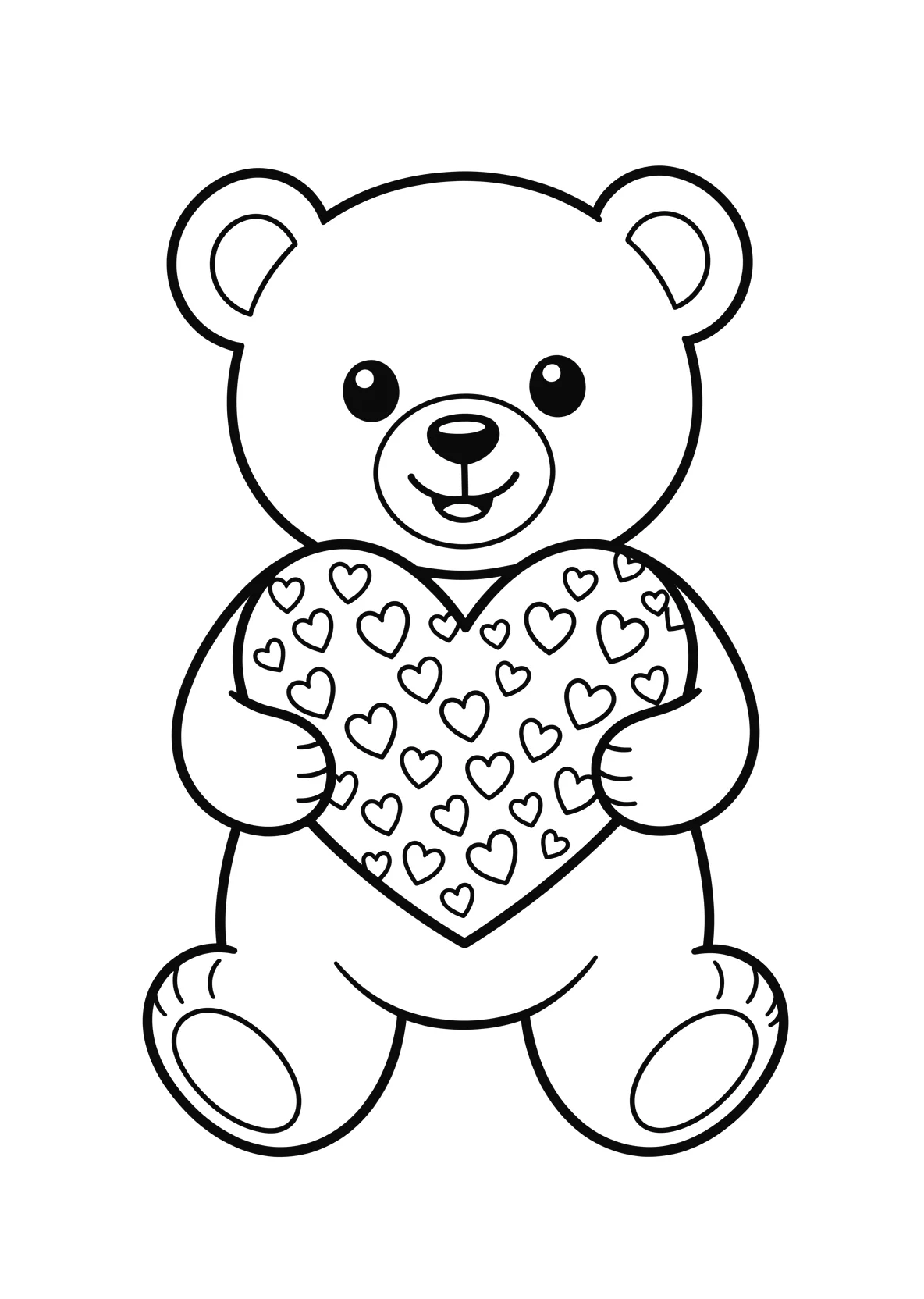 Ausmalbild Teddybär hält ein großes Herz mit vielen kleinen - Ausmalbild aus der Kategorie Tiere - kostenlos ausdrucken
