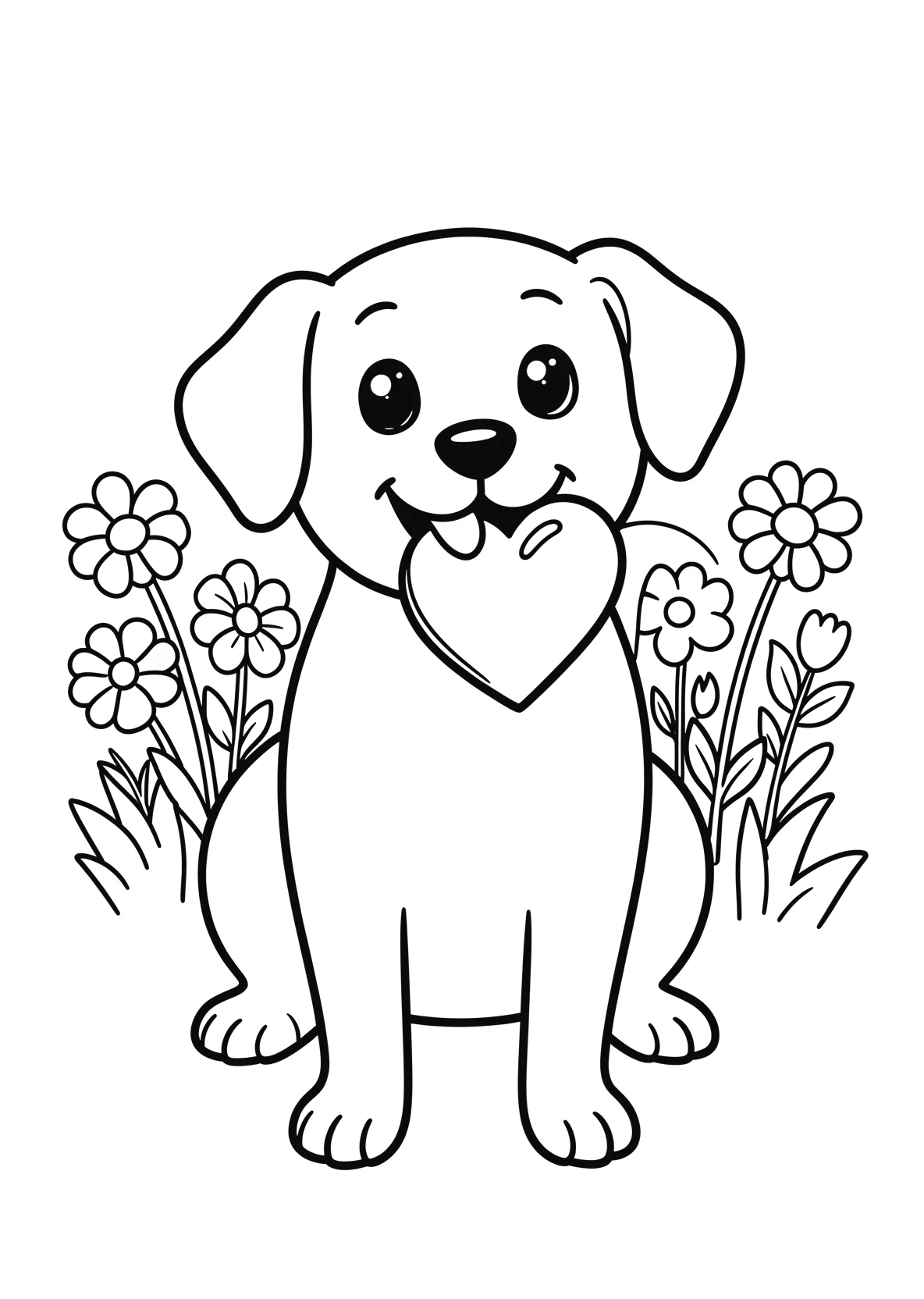 Ausmalbild Hund hält ein Herz im Maul mit Blumen im - Ausmalbild aus der Kategorie Tiere - kostenlos ausdrucken