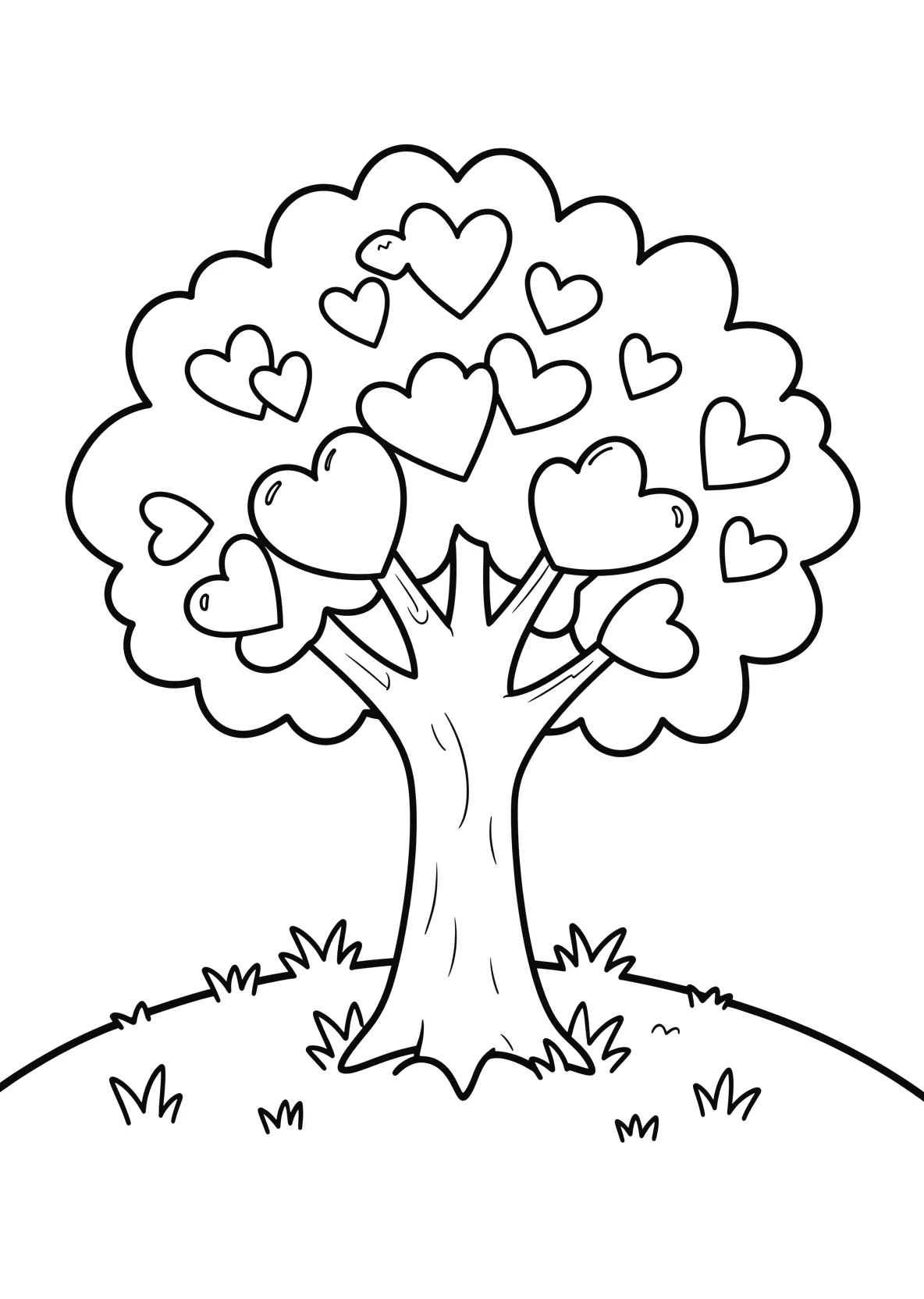 Ausmalbild Baum mit herzförmigen Blättern auf einer Wiese - Ausmalbild aus der Kategorie Natur - kostenlos ausdrucken