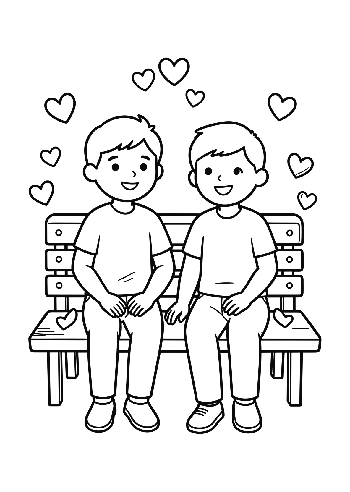 Ausmalbild Zwei Freunde sitzen zusammen auf einer Bank mit - Ausmalbild aus der Kategorie Sonstiges - kostenlos ausdrucken