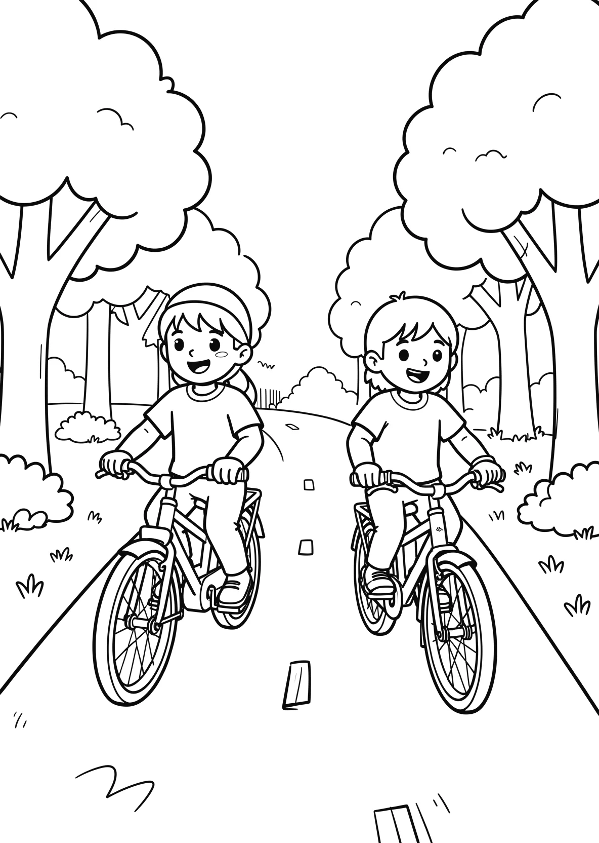 Ausmalbild Kinder fahren gemeinsam Fahrrad auf einem Weg - Ausmalbild aus der Kategorie Fahrzeuge - kostenlos ausdrucken