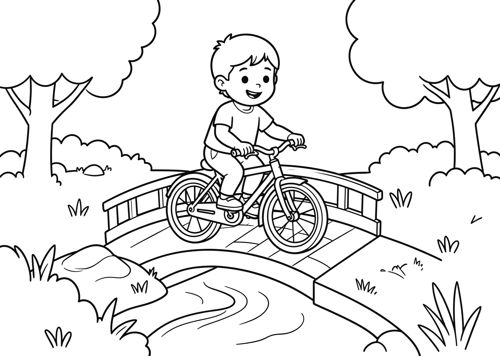 Ausmalbild Kind fährt Fahrrad über eine kleine Brücke über - Ausmalbild aus der Kategorie Fahrzeuge - kostenlos ausdrucken