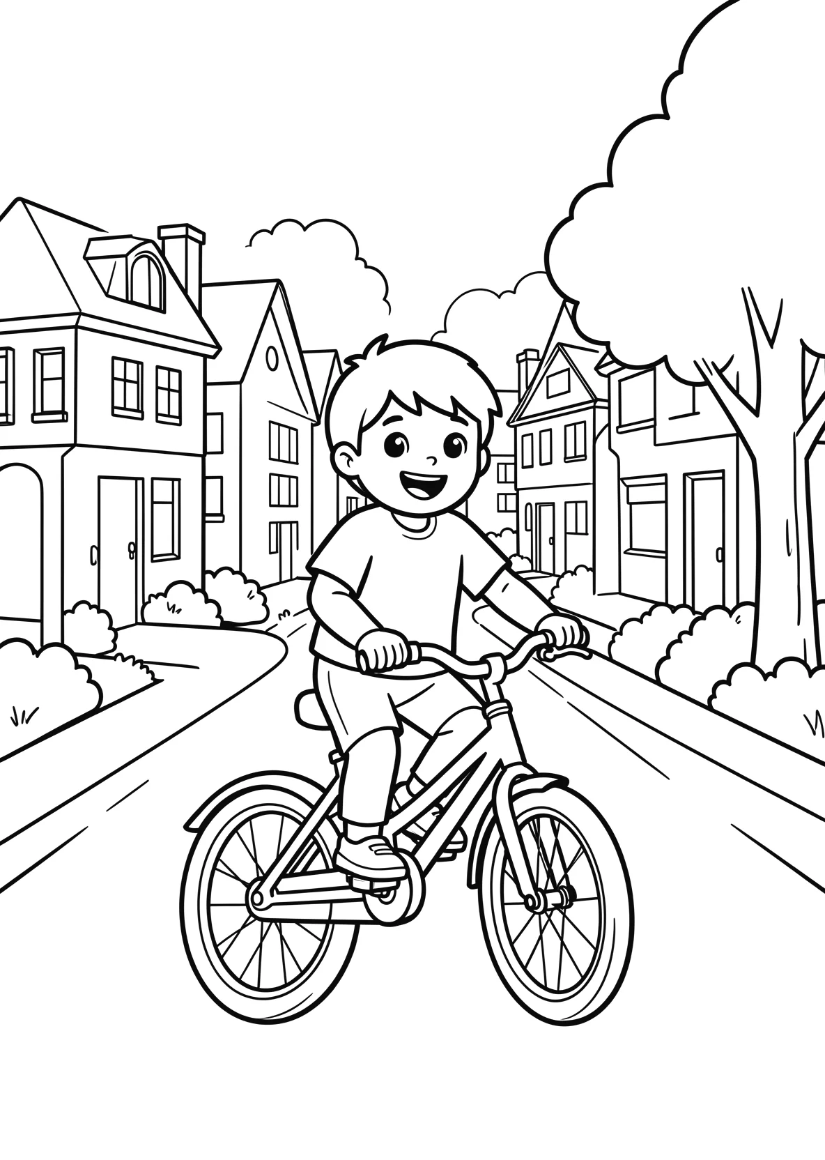 Ausmalbild Kind fährt Fahrrad durch eine Straße mit Häusern - Ausmalbild aus der Kategorie Fahrzeuge - kostenlos ausdrucken