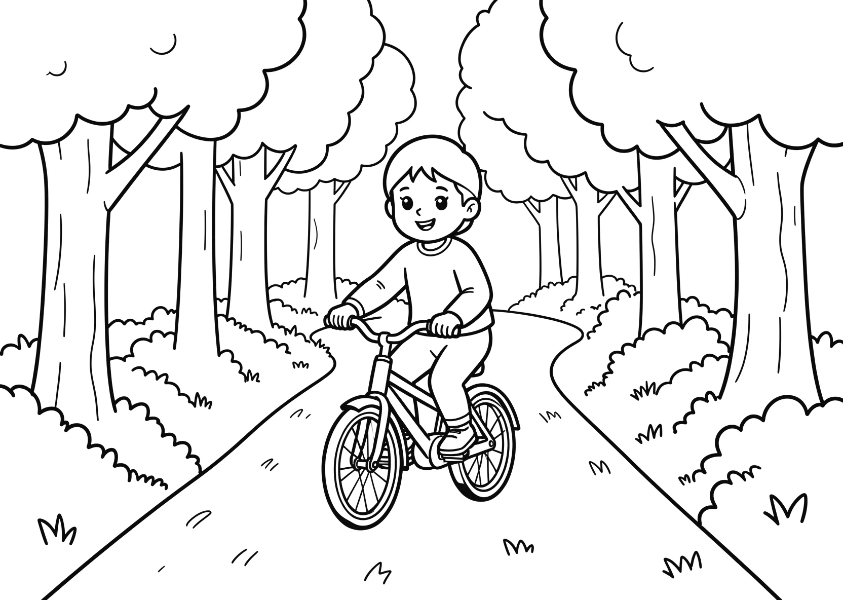 Ausmalbild Kinder fahren Fahrrad auf einem Waldweg mit Bäumen - Ausmalbild aus der Kategorie Fahrzeuge - kostenlos ausdrucken