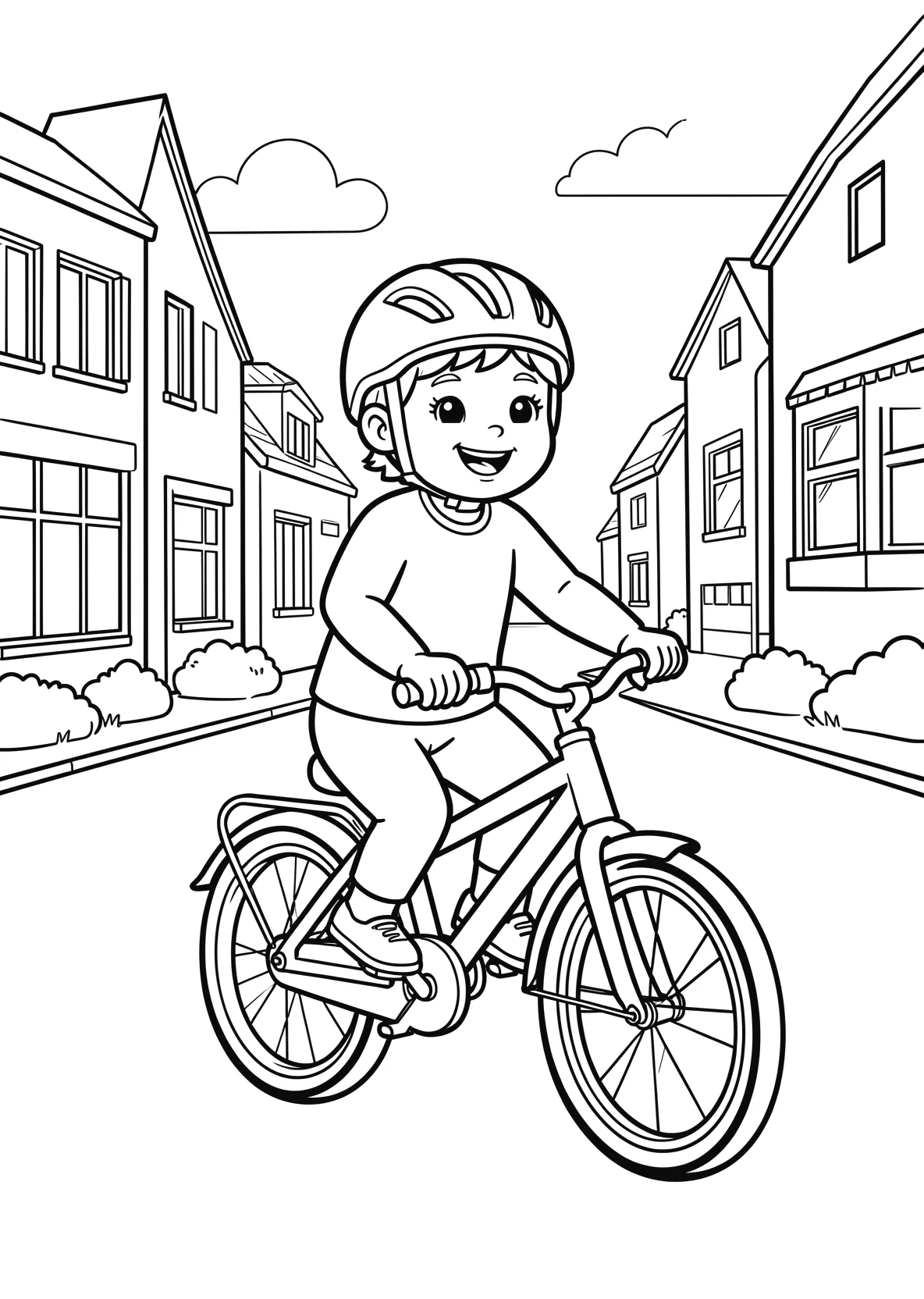 Ausmalbild Kind fährt Fahrrad mit Helm auf einer Straße mit - Ausmalbild aus der Kategorie Fahrzeuge - kostenlos ausdrucken