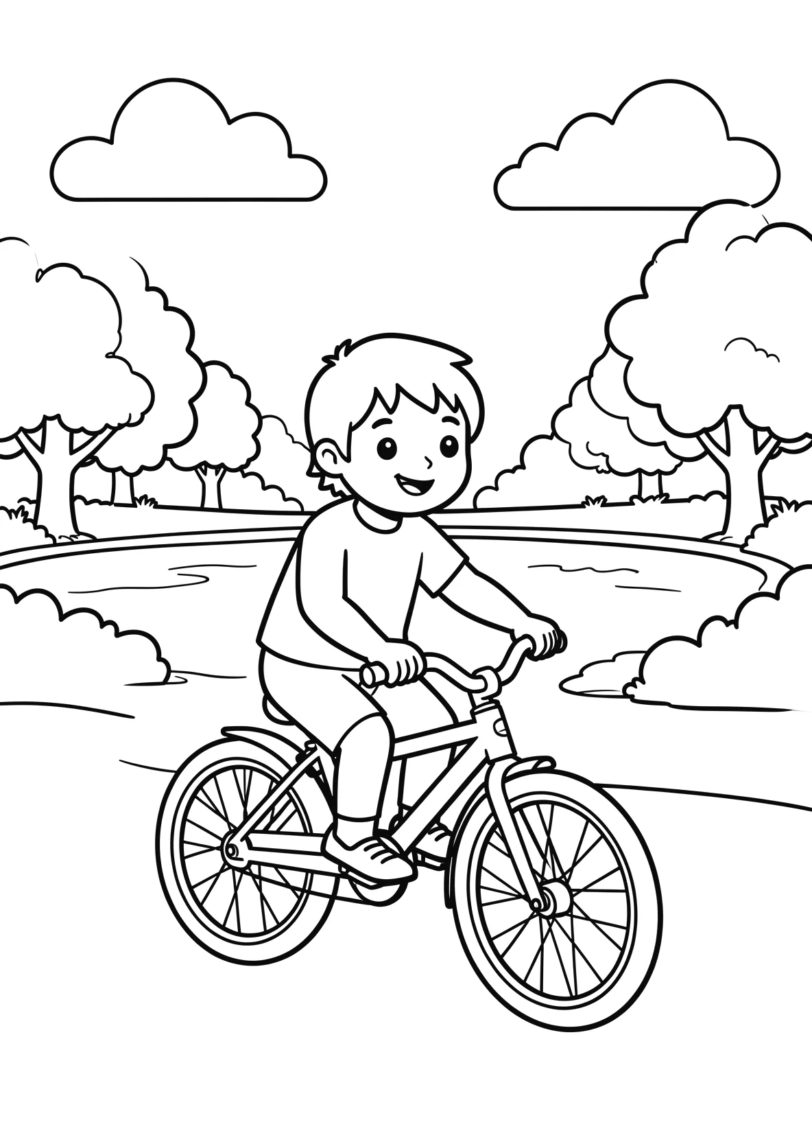 Ausmalbild Kind fährt Fahrrad an einem See mit Bäumen - Ausmalbild aus der Kategorie Natur - kostenlos ausdrucken