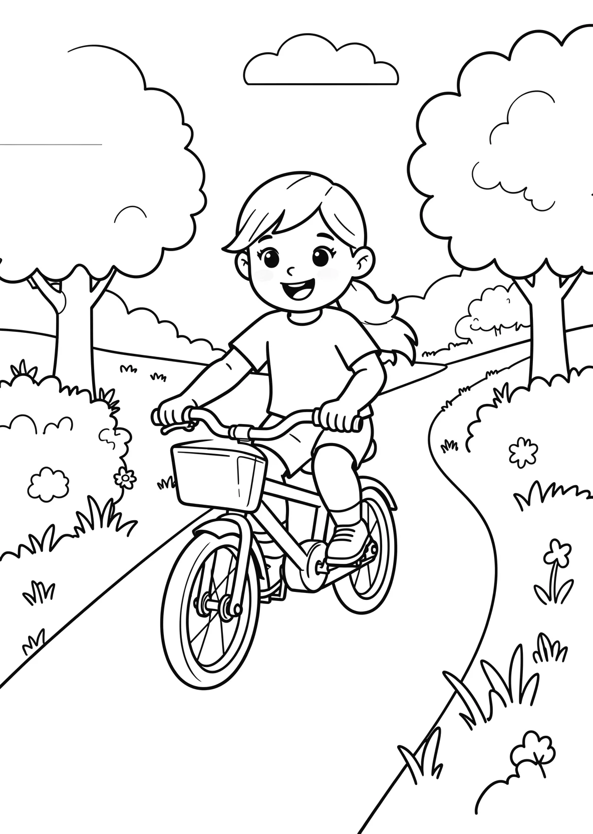 Ausmalbild Kinder fahren Fahrrad auf einem Weg durch eine - Ausmalbild aus der Kategorie Natur - kostenlos ausdrucken