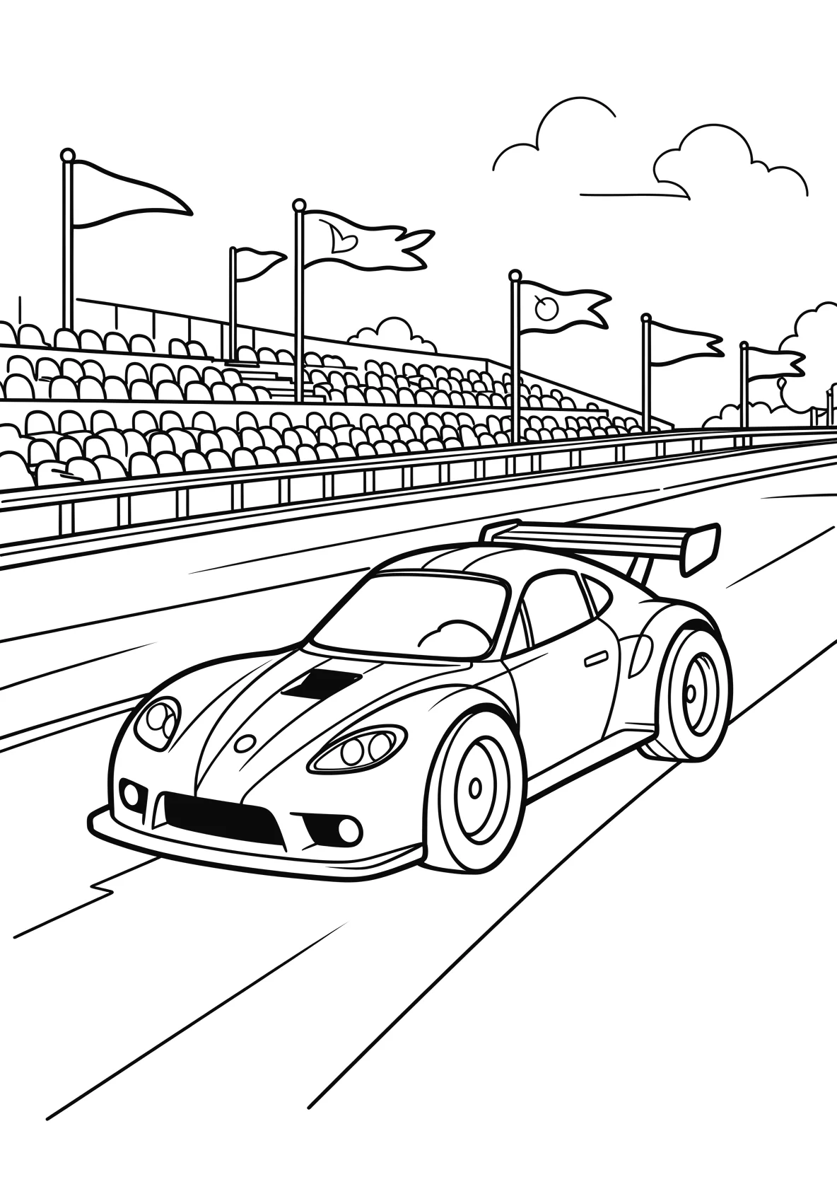 Ausmalbild Rennwagen fährt über eine Rennstrecke mit Tribüne - Ausmalbild aus der Kategorie Fahrzeuge - kostenlos ausdrucken