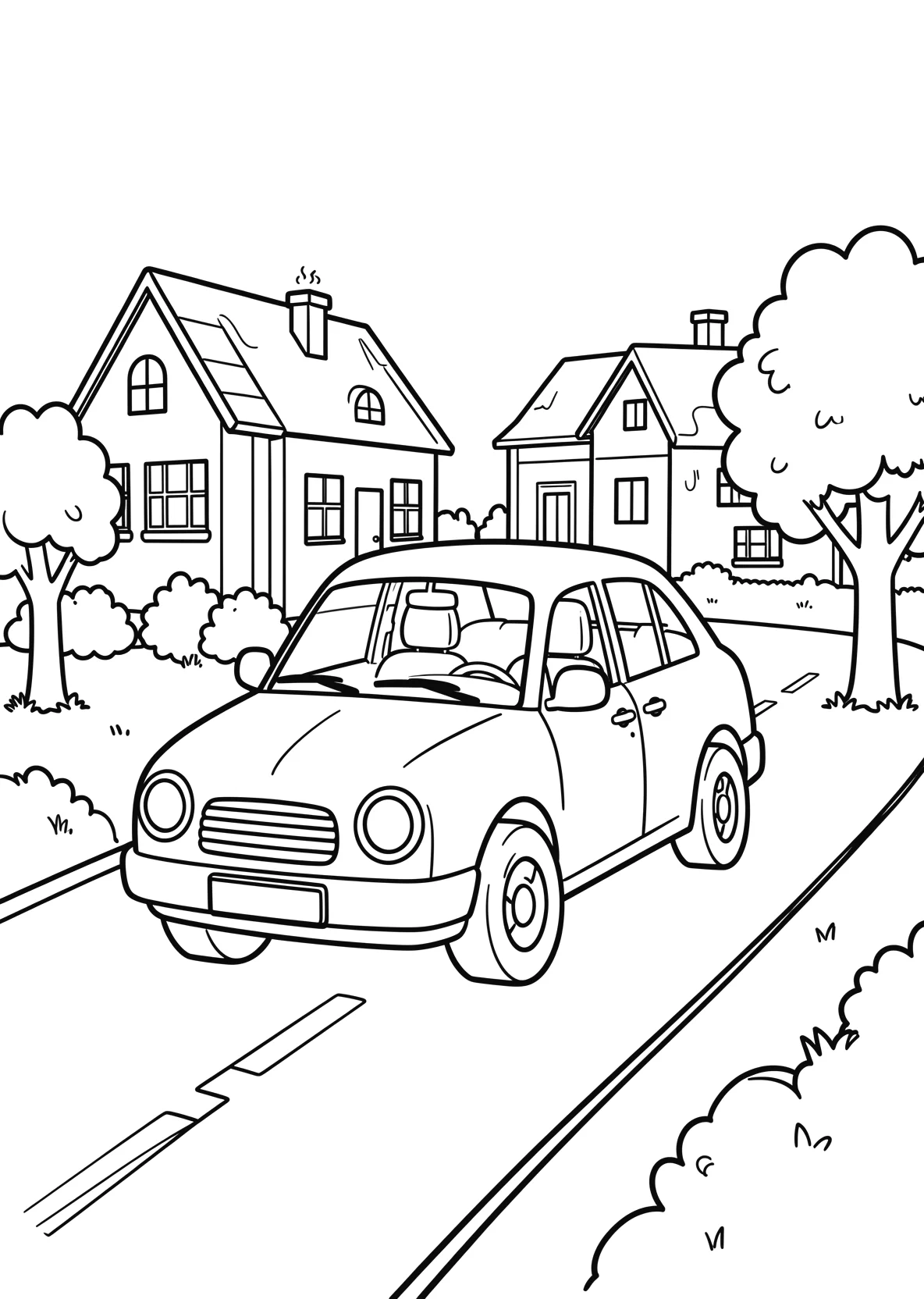 Ausmalbild Familienauto fährt über eine Straße mit Häusern - Ausmalbild aus der Kategorie Fahrzeuge - kostenlos ausdrucken