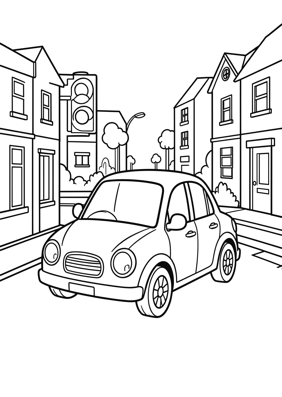 Ausmalbild Auto fährt durch eine Stadtstraße mit Ampel - Ausmalbild aus der Kategorie Fahrzeuge - kostenlos ausdrucken