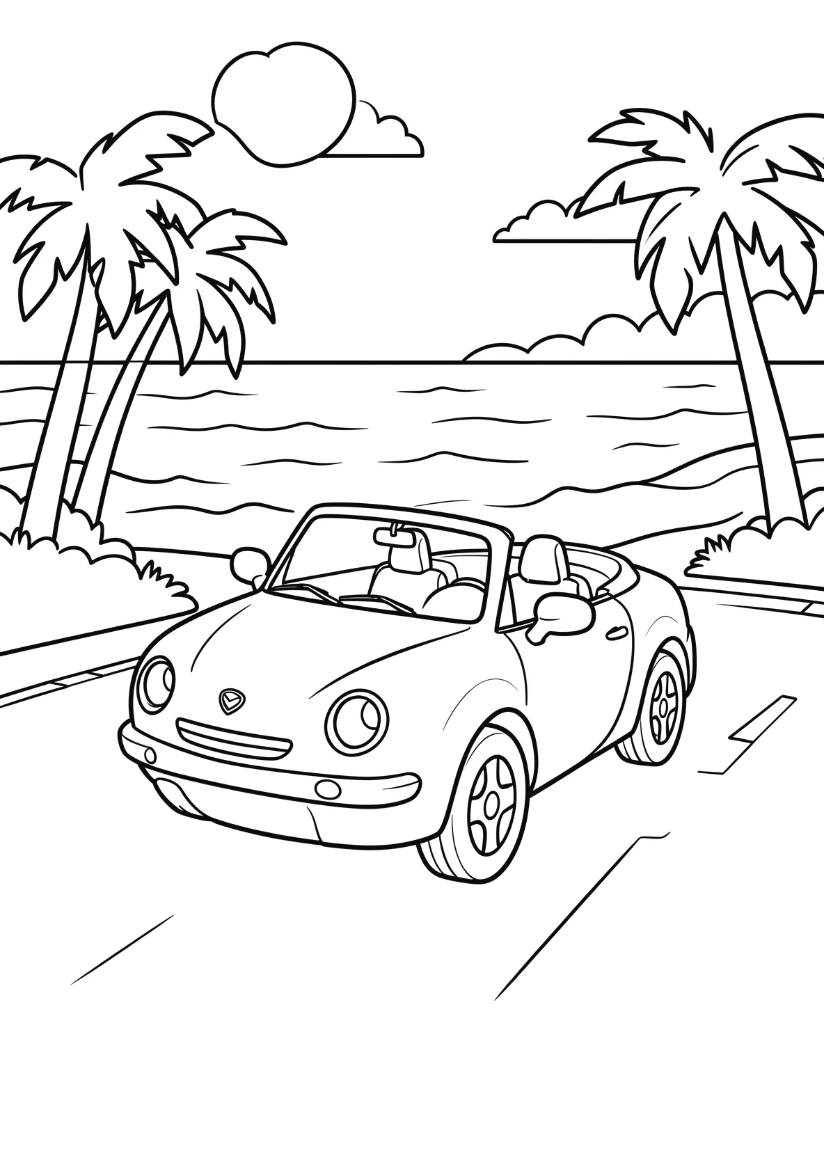 Ausmalbild Cabrio fährt über eine Küstenstraße mit Meer - Ausmalbild aus der Kategorie Fahrzeuge - kostenlos ausdrucken