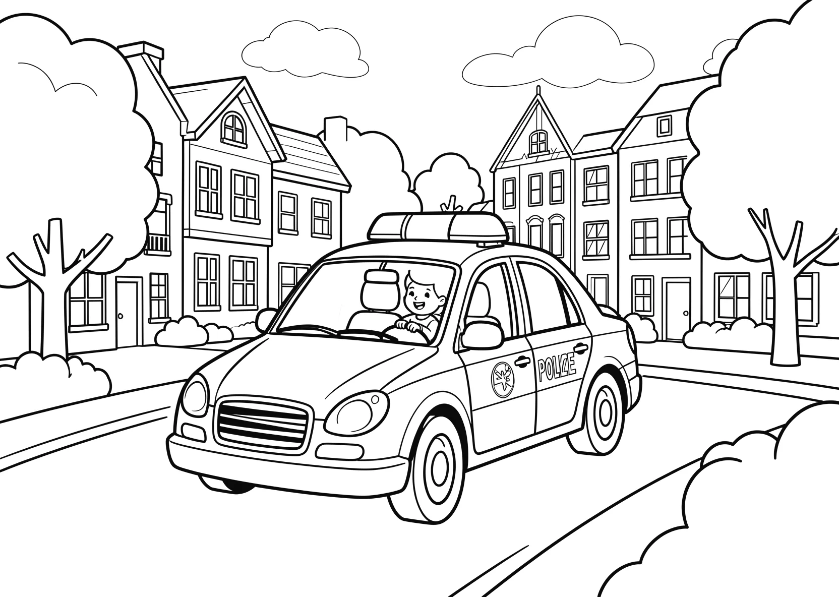 Ausmalbild Polizeiauto fährt durch eine Stadt mit Häusern - Ausmalbild aus der Kategorie Fahrzeuge - kostenlos ausdrucken