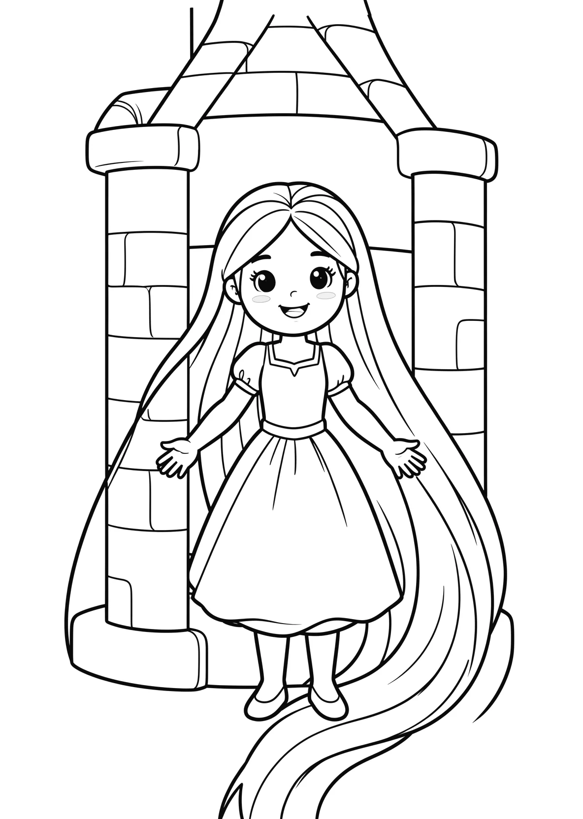 Ausmalbild Rapunzel Maedchen mit langem Haar im Turm - Ausmalbild aus der Kategorie Maerchen - kostenlos ausdrucken
