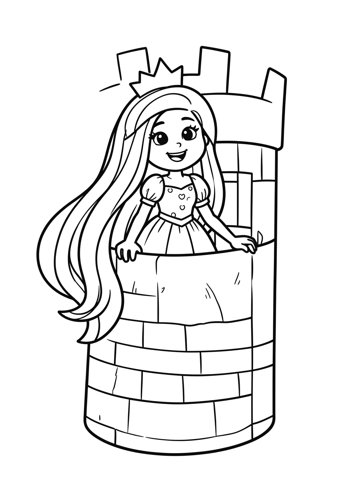 Ausmalbild Prinzessin mit sehr langem Haar schaut aus einem - Ausmalbild aus der Kategorie Maerchen - kostenlos ausdrucken