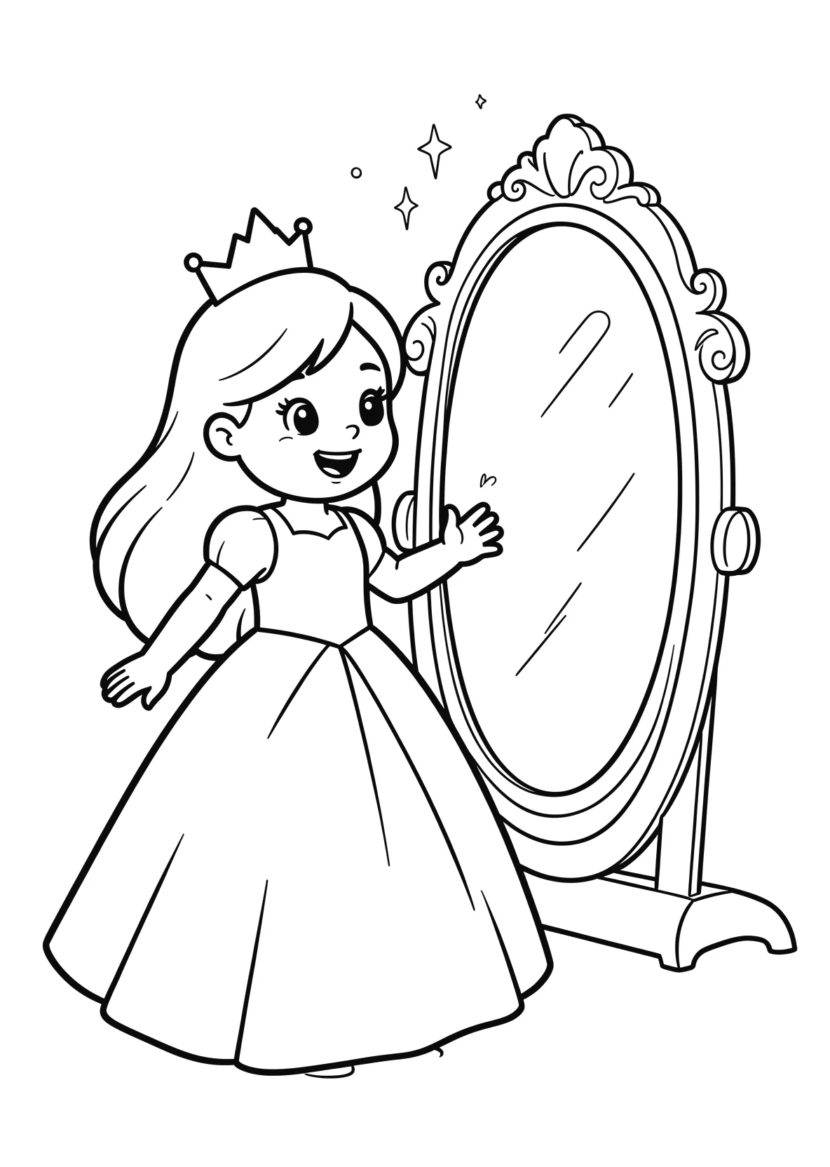 Ausmalbild Prinzessin schaut in einen magischen Spiegel - - Ausmalbild aus der Kategorie Maerchen - kostenlos ausdrucken