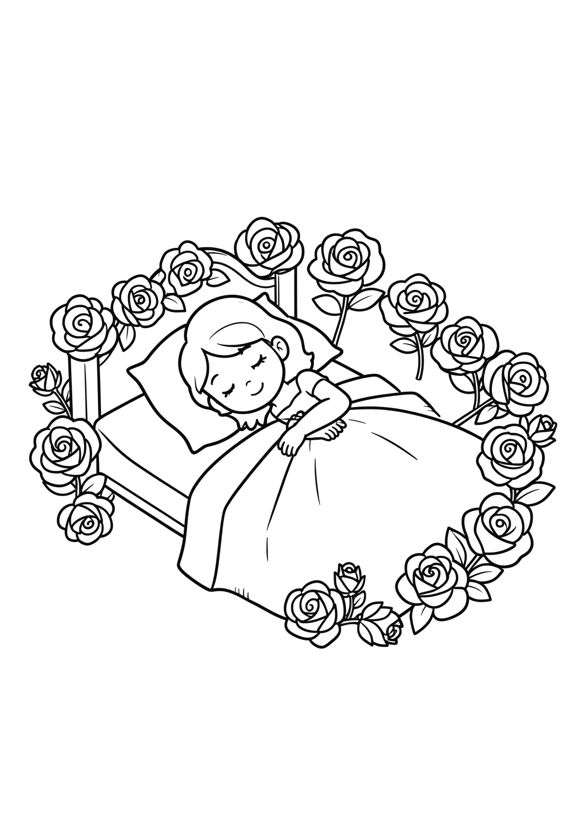 Prinzessin schlaeft in einem Bett umgeben von - Ausmalbild