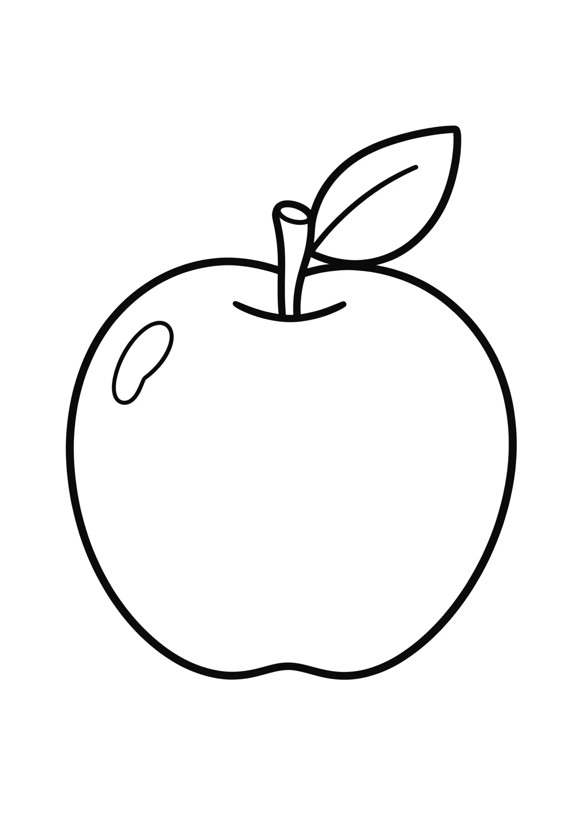 Ausmalbild Grosser runder Apfel mit Blatt am Stiel - Ausmalbild aus der Kategorie Essen - kostenlos ausdrucken