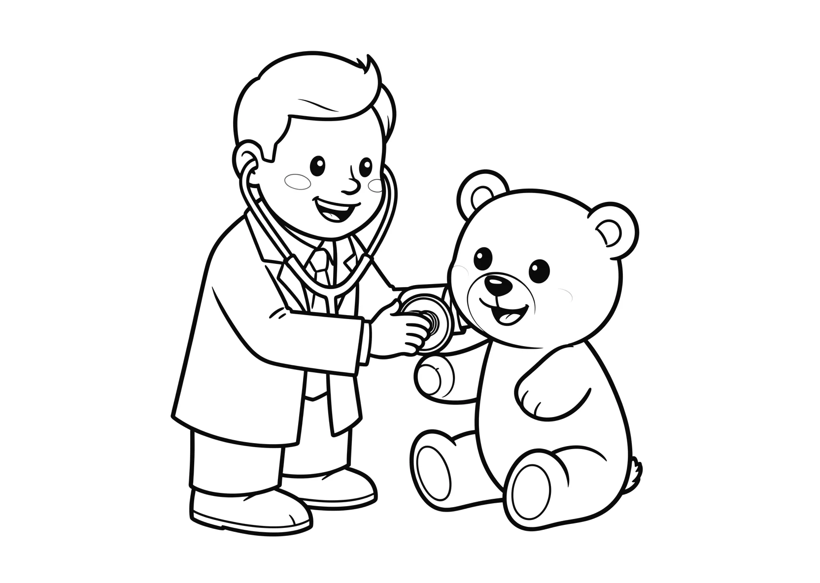 Ausmalbild Arzt mit Stethoskop untersucht einen Teddybaeren - Ausmalbild aus der Kategorie Berufe - kostenlos ausdrucken