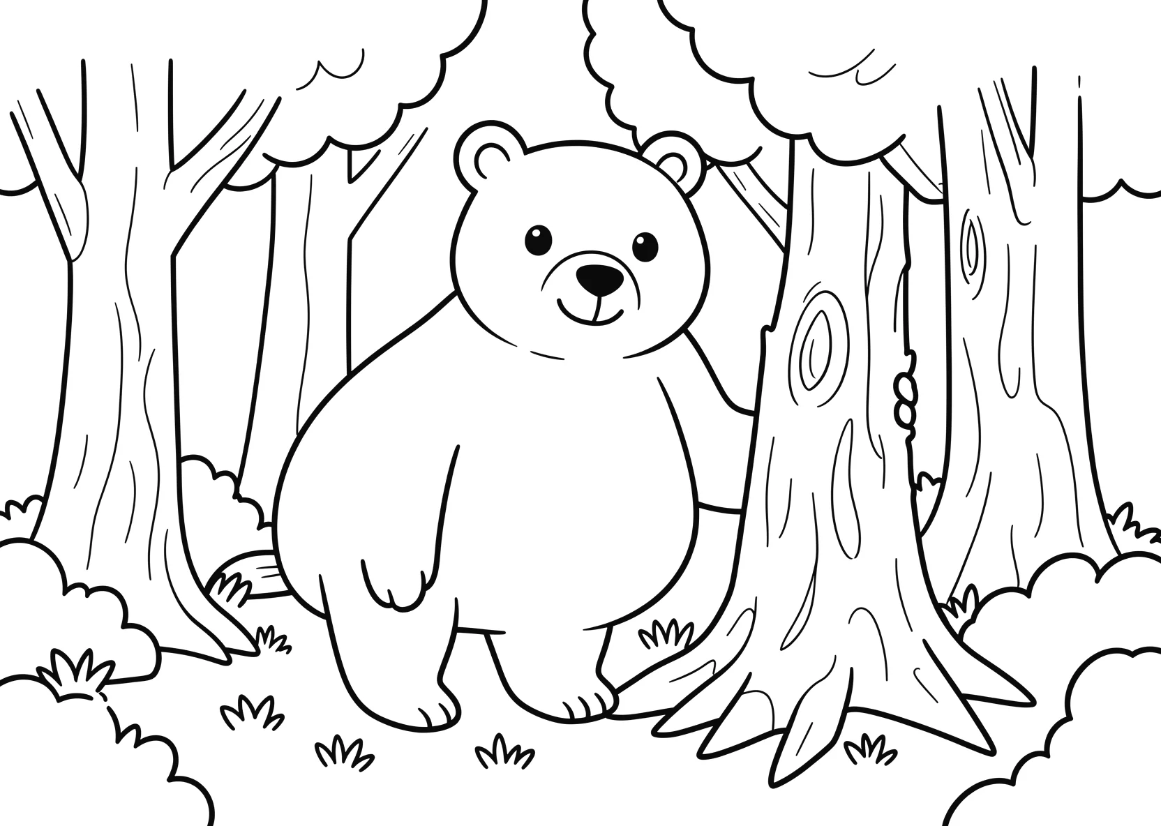 Ausmalbild Grosser freundlicher Baer steht im Wald neben - Ausmalbild aus der Kategorie Natur - kostenlos ausdrucken