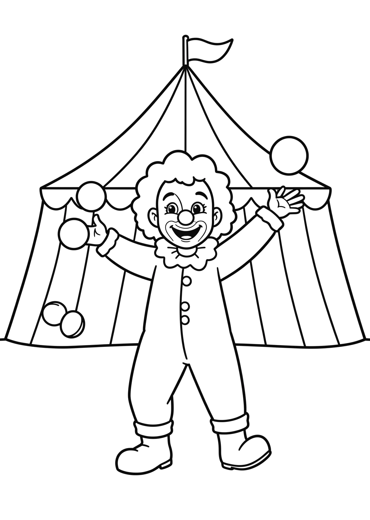 Ausmalbild Lustiger Clown jongliert Baelle vor einem - Ausmalbild aus der Kategorie Berufe - kostenlos ausdrucken