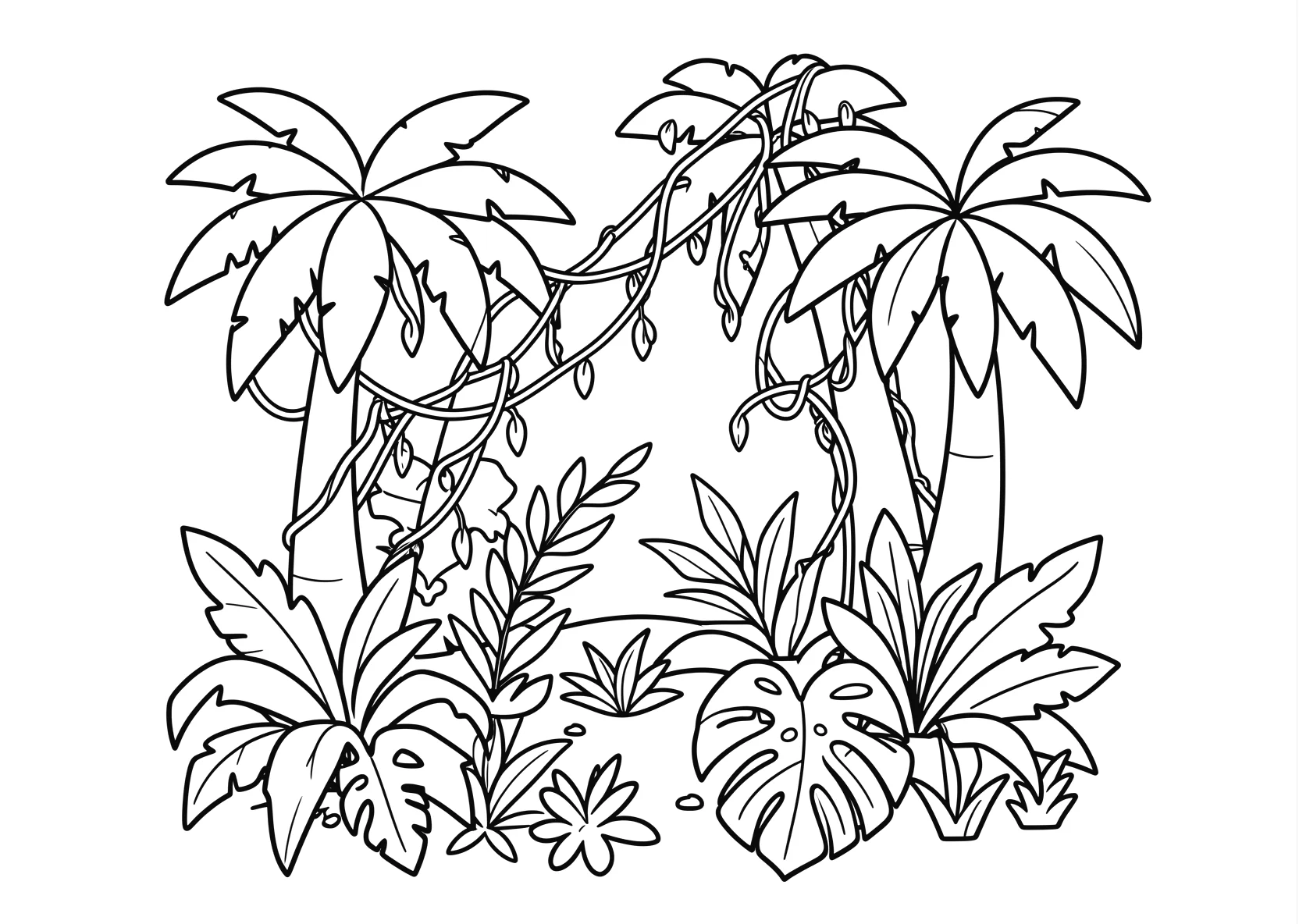 Ausmalbild Dichter Dschungel mit Lianen - Ausmalbild aus der Kategorie Natur - kostenlos ausdrucken