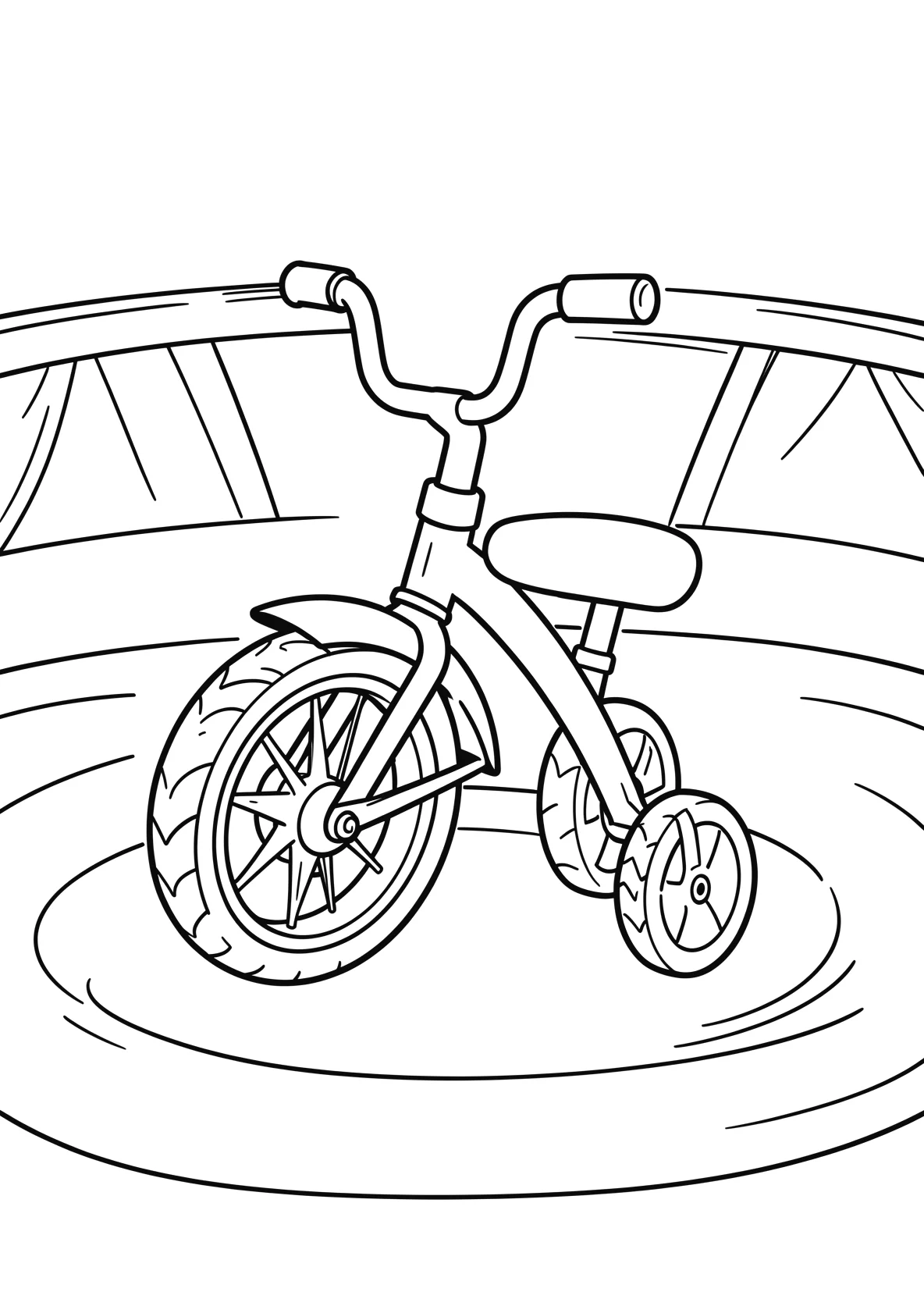 Ausmalbild Einrad steht auf einem Zirkusboden - Ausmalbild aus der Kategorie Fahrzeuge - kostenlos ausdrucken