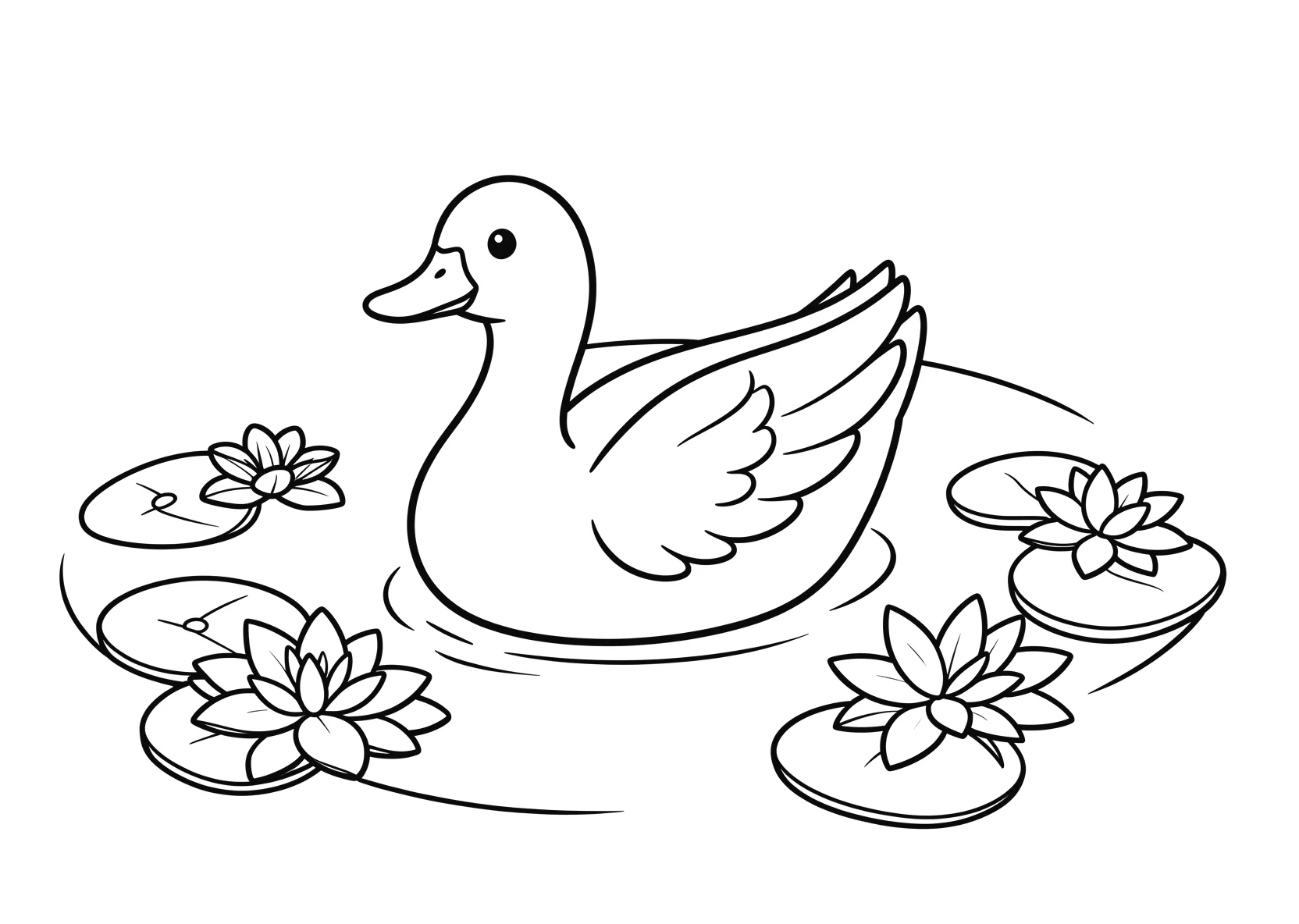 Ausmalbild Ente schwimmt auf einem Teich mit Seerosen - Ausmalbild aus der Kategorie Natur - kostenlos ausdrucken