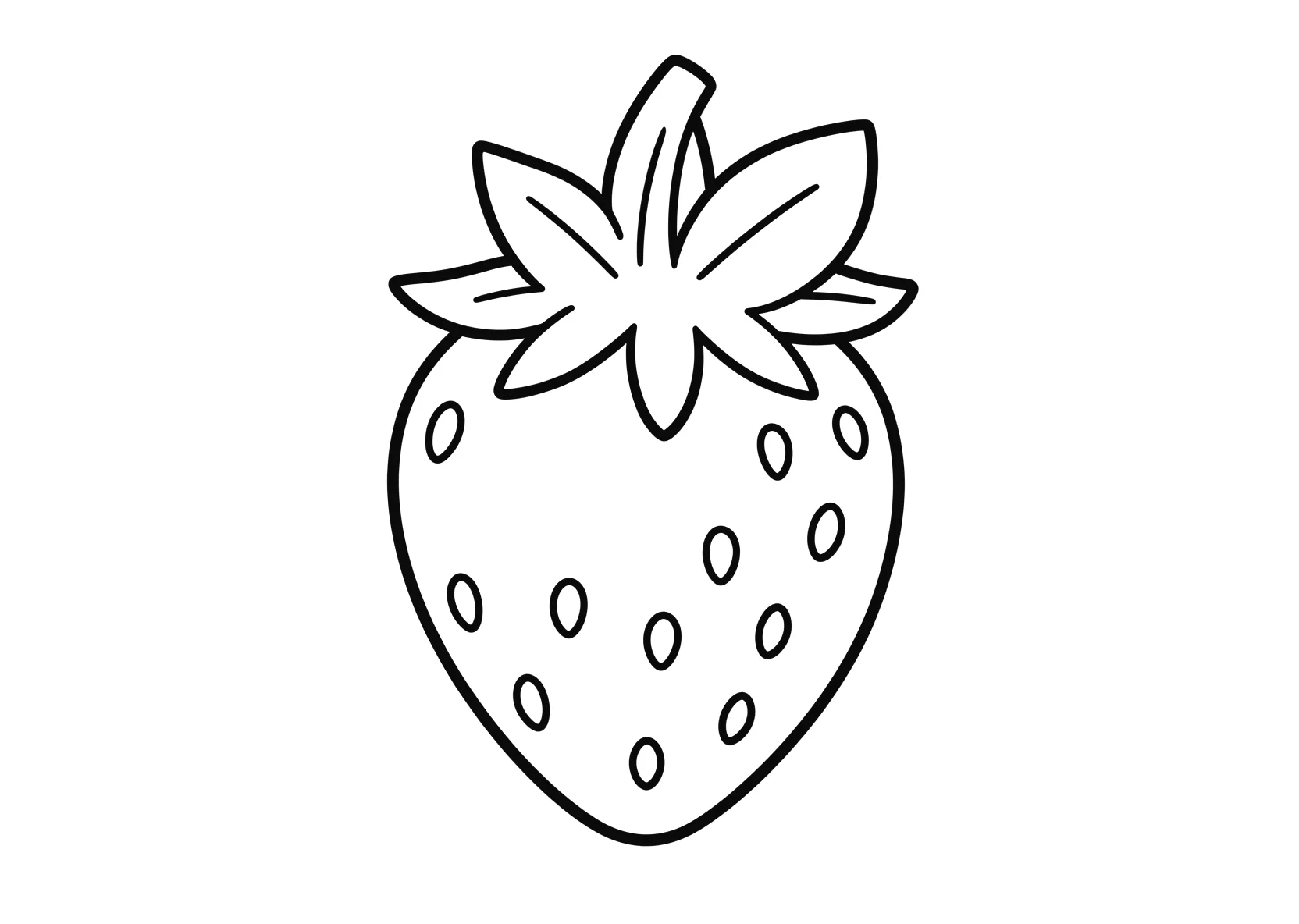 Ausmalbild Grosse Erdbeere mit gruenen Blaettern oben - Ausmalbild aus der Kategorie Essen - kostenlos ausdrucken
