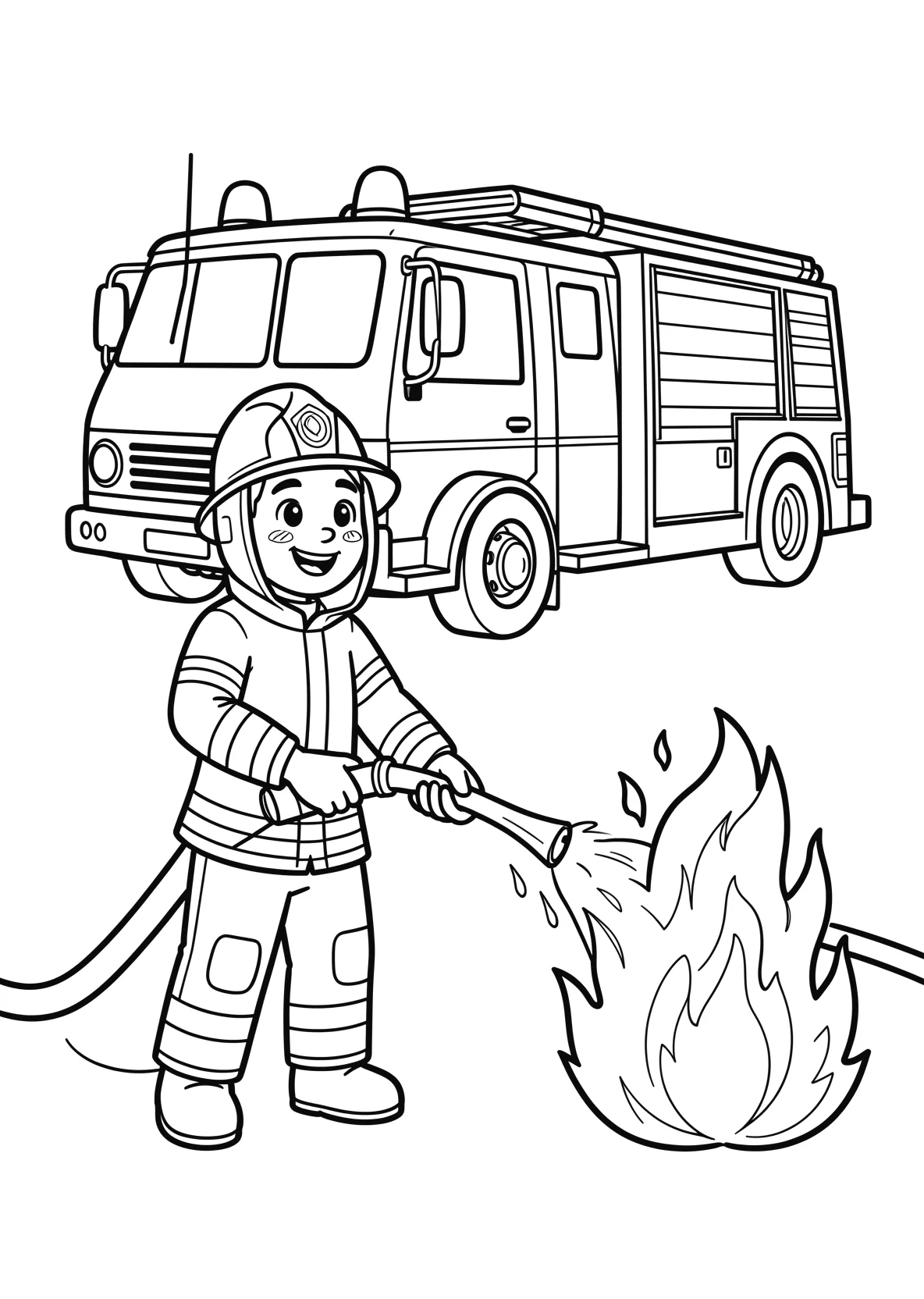 Ausmalbild Feuerwehrmann haelt einen Schlauch - Ausmalbild aus der Kategorie Fahrzeuge - kostenlos ausdrucken