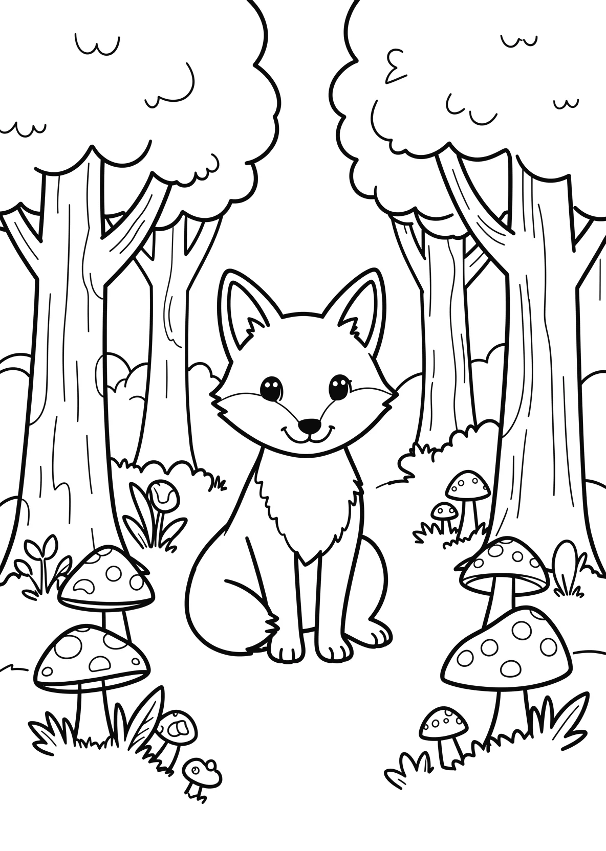 Ausmalbild Fuchs sitzt im Wald zwischen Baeumen - Ausmalbild aus der Kategorie Tiere - kostenlos ausdrucken