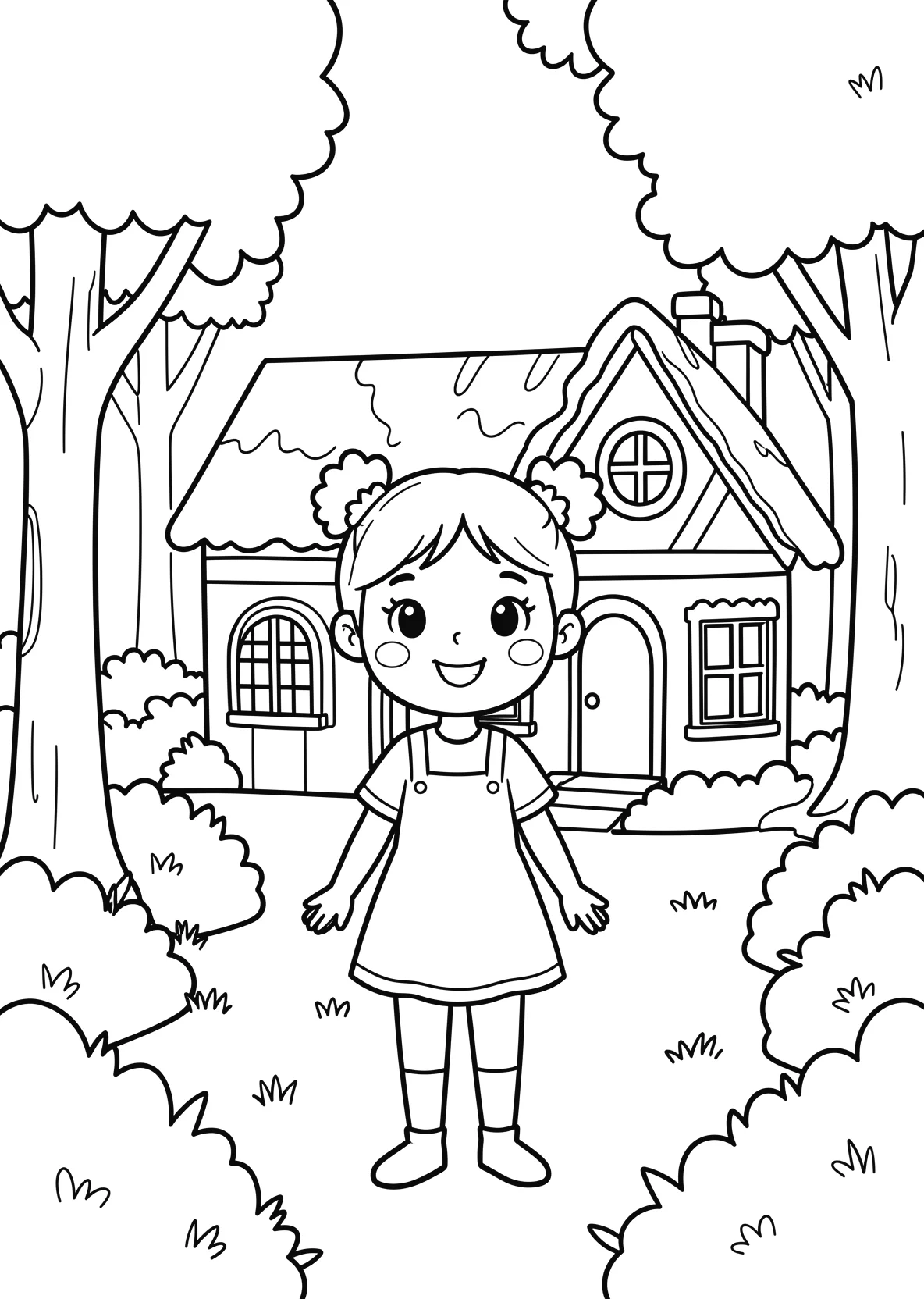 Ausmalbild Maedchen mit Zoepfen steht vor einem - Ausmalbild aus der Kategorie Feiertage - kostenlos ausdrucken