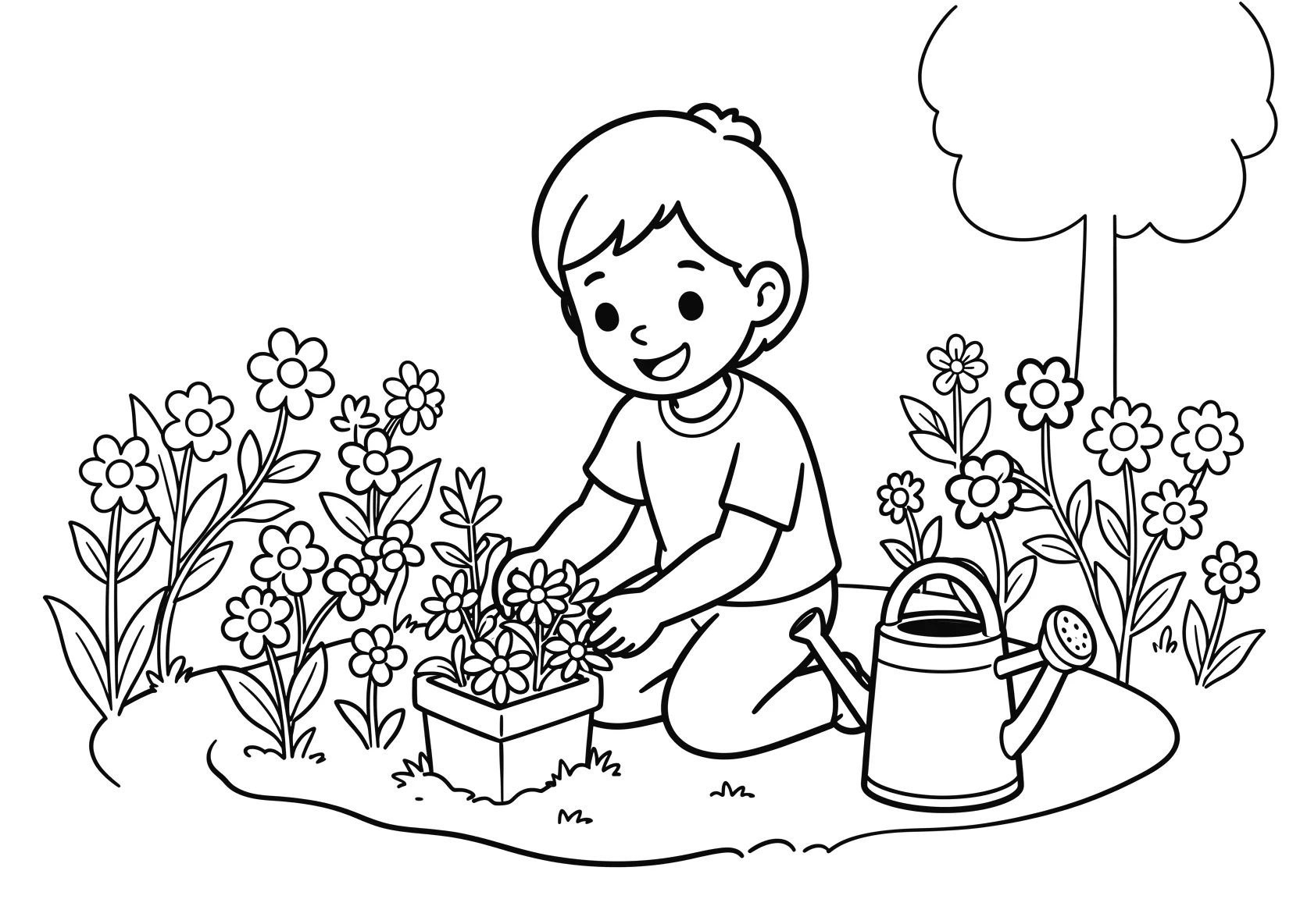 Ausmalbild Gaertner kniet im Garten und pflanzt Blumen - Ausmalbild aus der Kategorie Natur - kostenlos ausdrucken