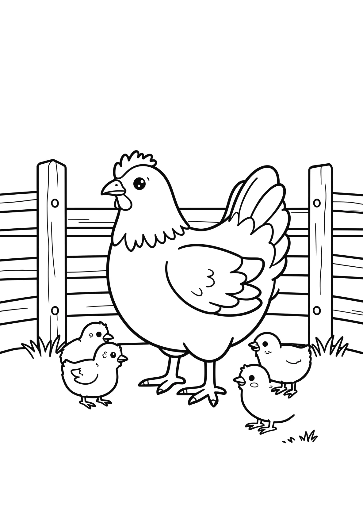 Ausmalbild Huhn mit Kueken auf einem Bauernhof vor einem Zaun - Ausmalbild aus der Kategorie Tiere - kostenlos ausdrucken