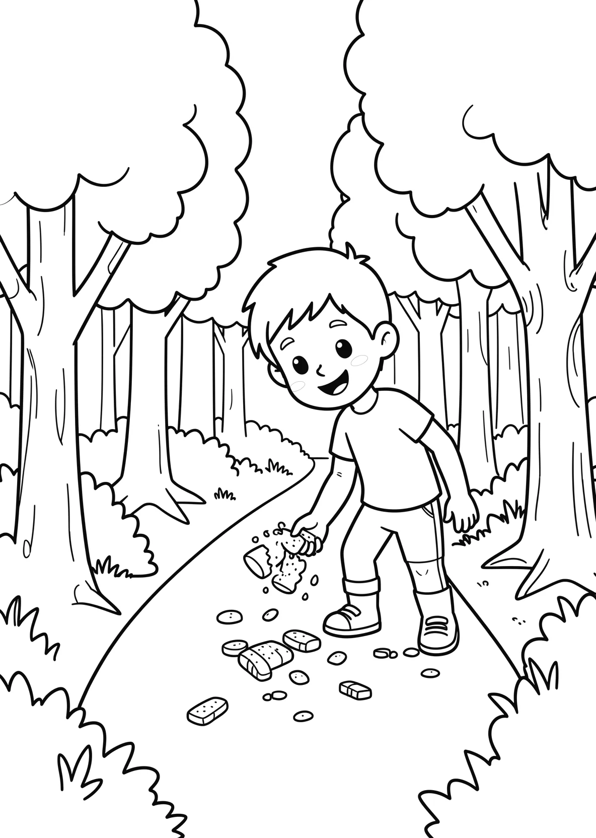 Ausmalbild Junge streut Brotkrumen auf einen Waldweg - Ausmalbild aus der Kategorie Essen - kostenlos ausdrucken