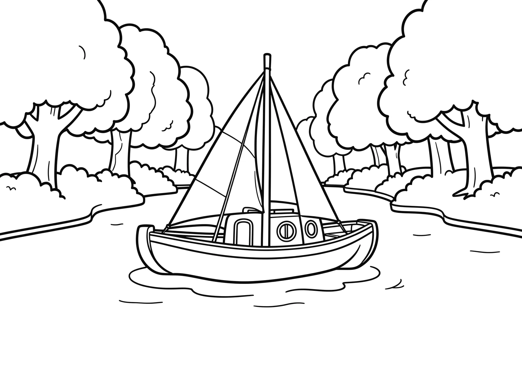 Ausmalbild Kanu auf einem ruhigen Fluss zwischen Baeumen - Ausmalbild aus der Kategorie Fahrzeuge - kostenlos ausdrucken