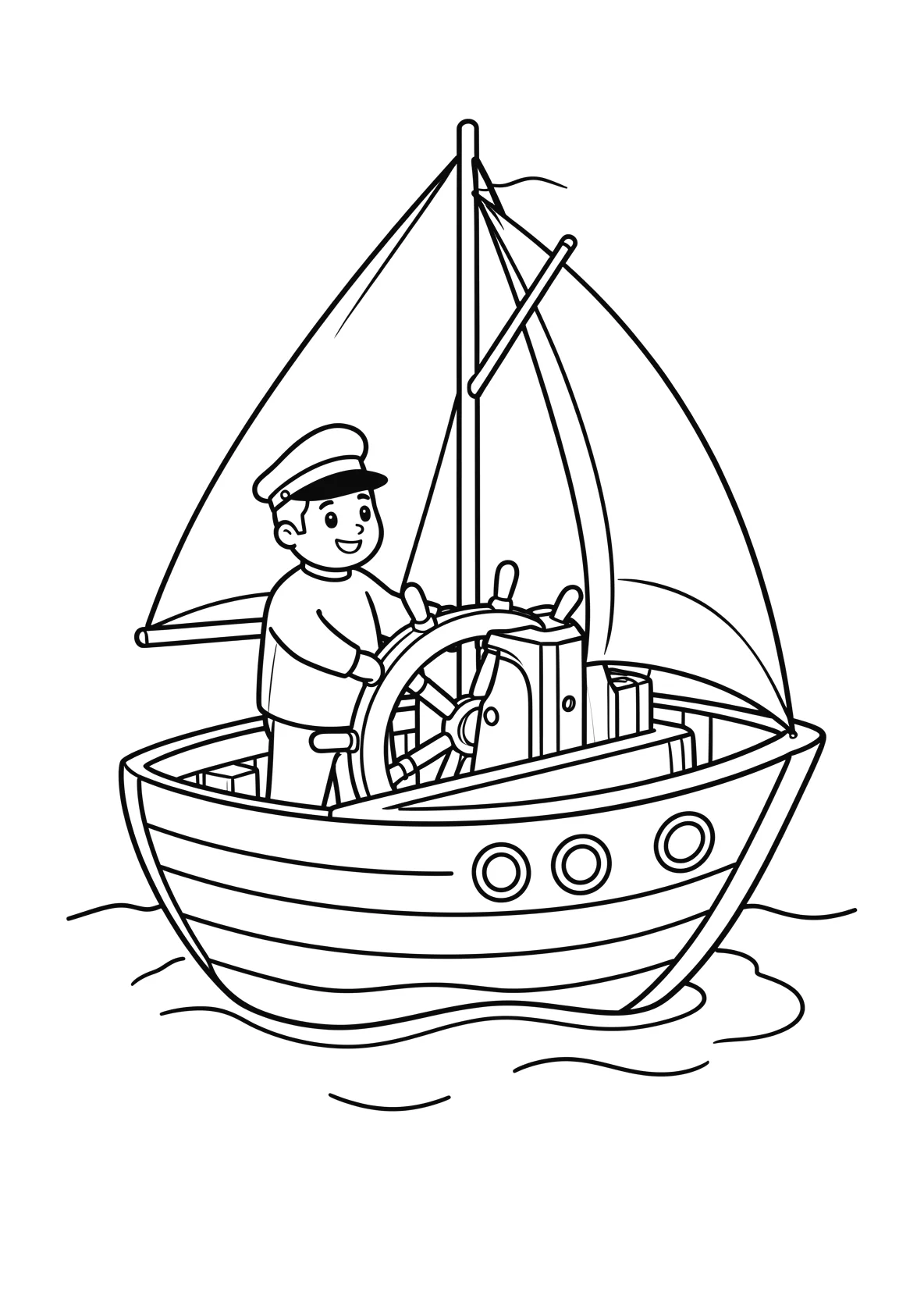 Ausmalbild Kapitaen steht am Steuerrad eines Schiffes - Ausmalbild aus der Kategorie Fahrzeuge - kostenlos ausdrucken