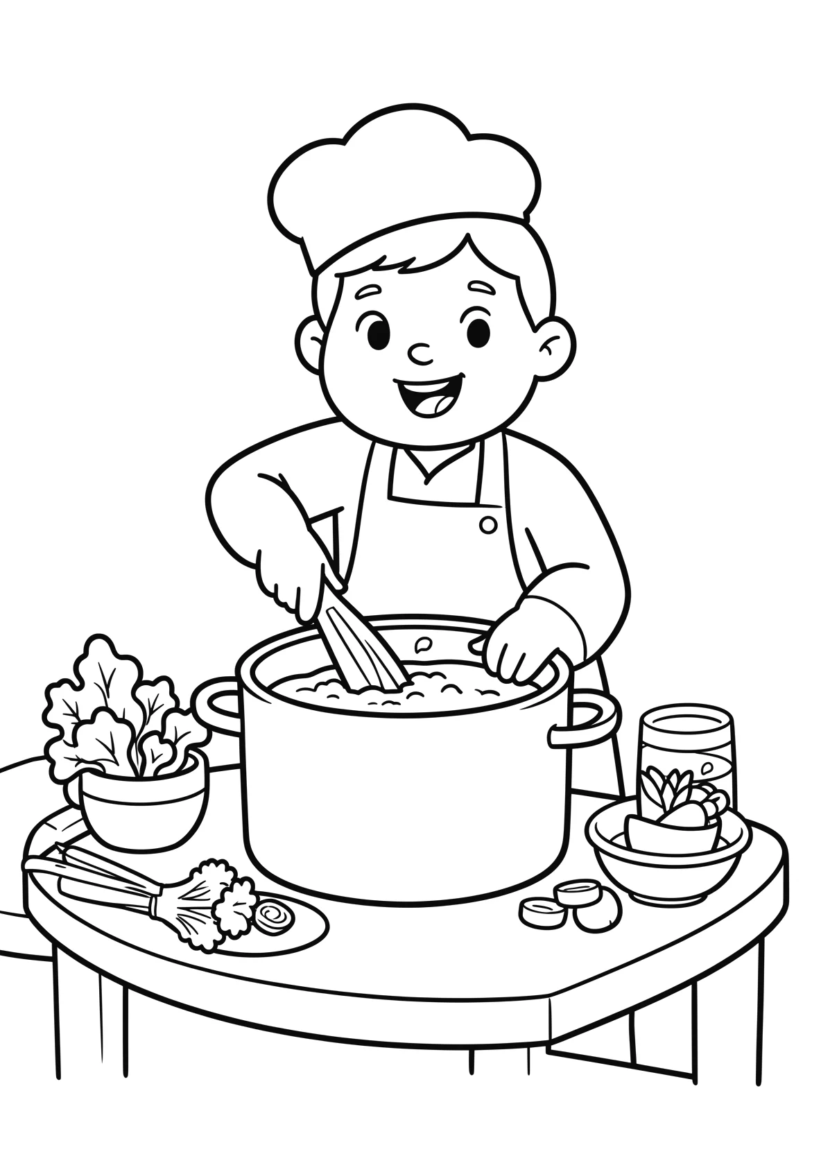 Ausmalbild Koch ruehrt in einem grossen Topf - Ausmalbild aus der Kategorie Essen - kostenlos ausdrucken