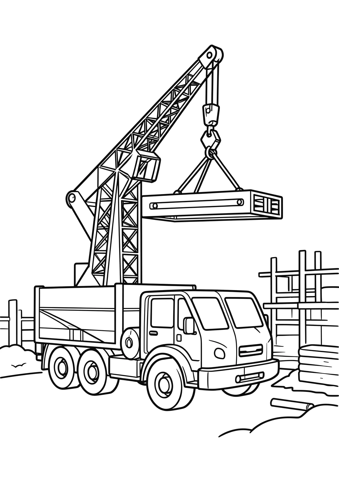 Ausmalbild Grosser Baukran auf einer Baustelle hebt einen - Ausmalbild aus der Kategorie Berufe - kostenlos ausdrucken