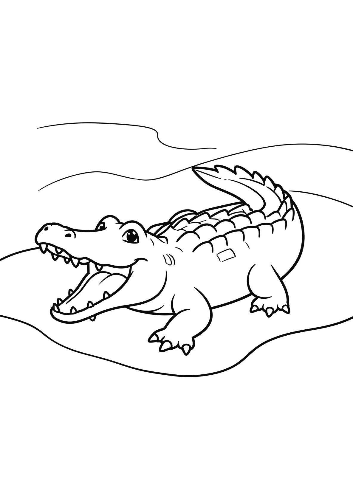 Ausmalbild Krokodil liegt am Flussufer mit offenem Maul - Ausmalbild aus der Kategorie Tiere - kostenlos ausdrucken