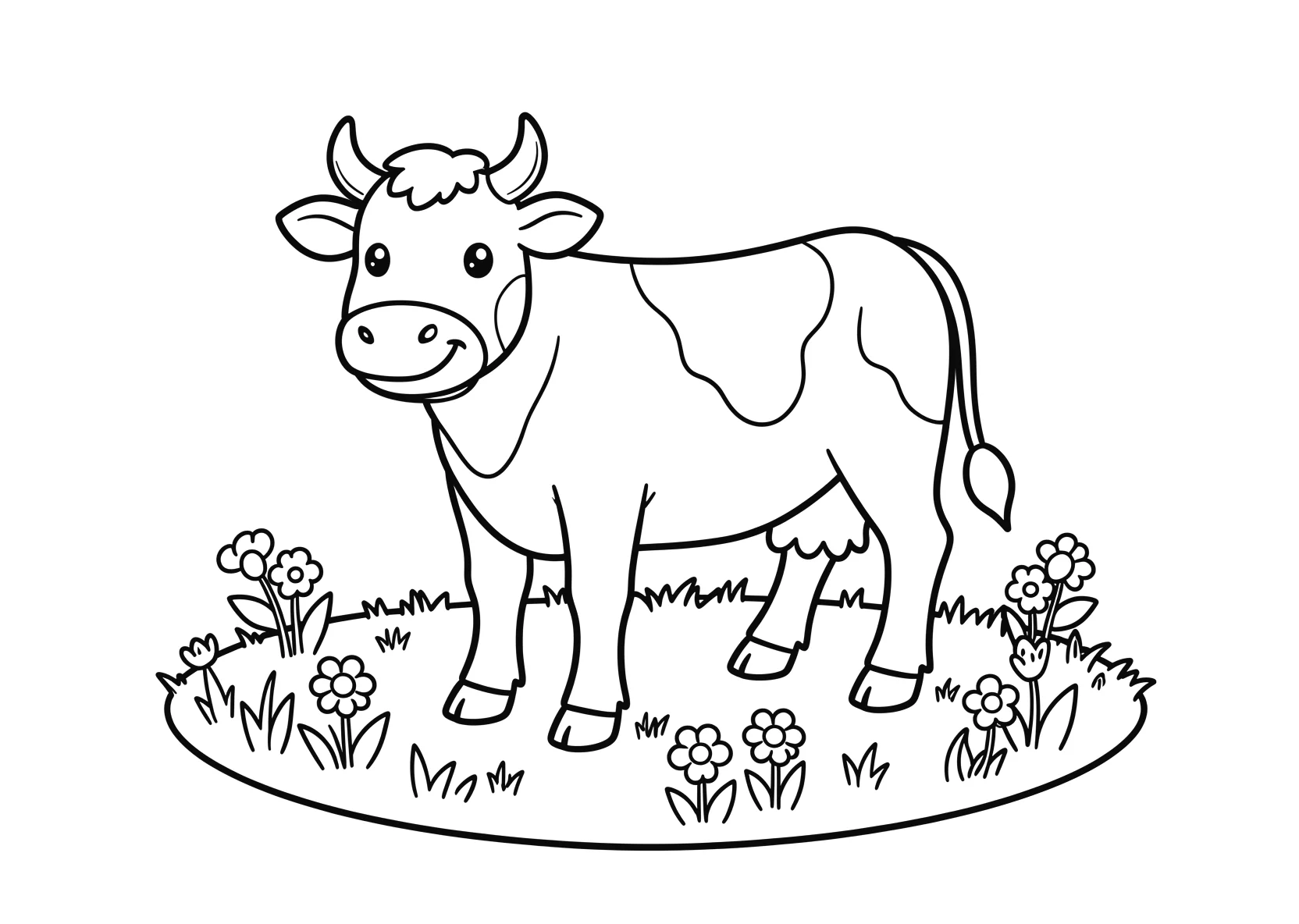 Ausmalbild Kuh steht auf einer gruenen Weide mit Blumen - Ausmalbild aus der Kategorie Natur - kostenlos ausdrucken