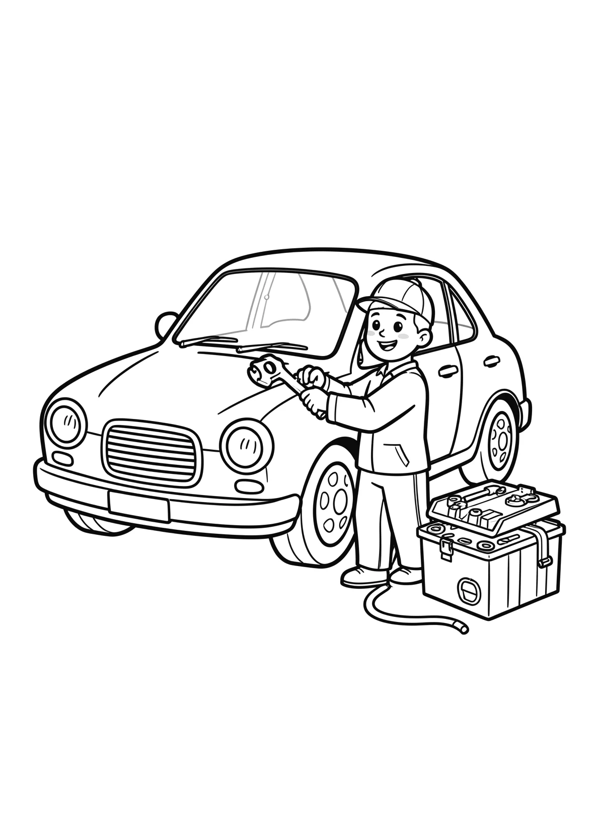 Ausmalbild Mechaniker repariert ein Auto mit - Ausmalbild aus der Kategorie Fahrzeuge - kostenlos ausdrucken