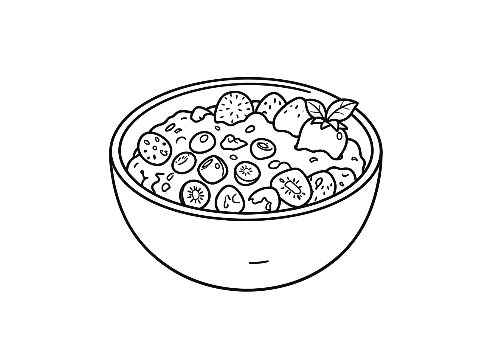 Ausmalbild Schale Muesli mit Fruechten und Milch - Ausmalbild aus der Kategorie Essen - kostenlos ausdrucken