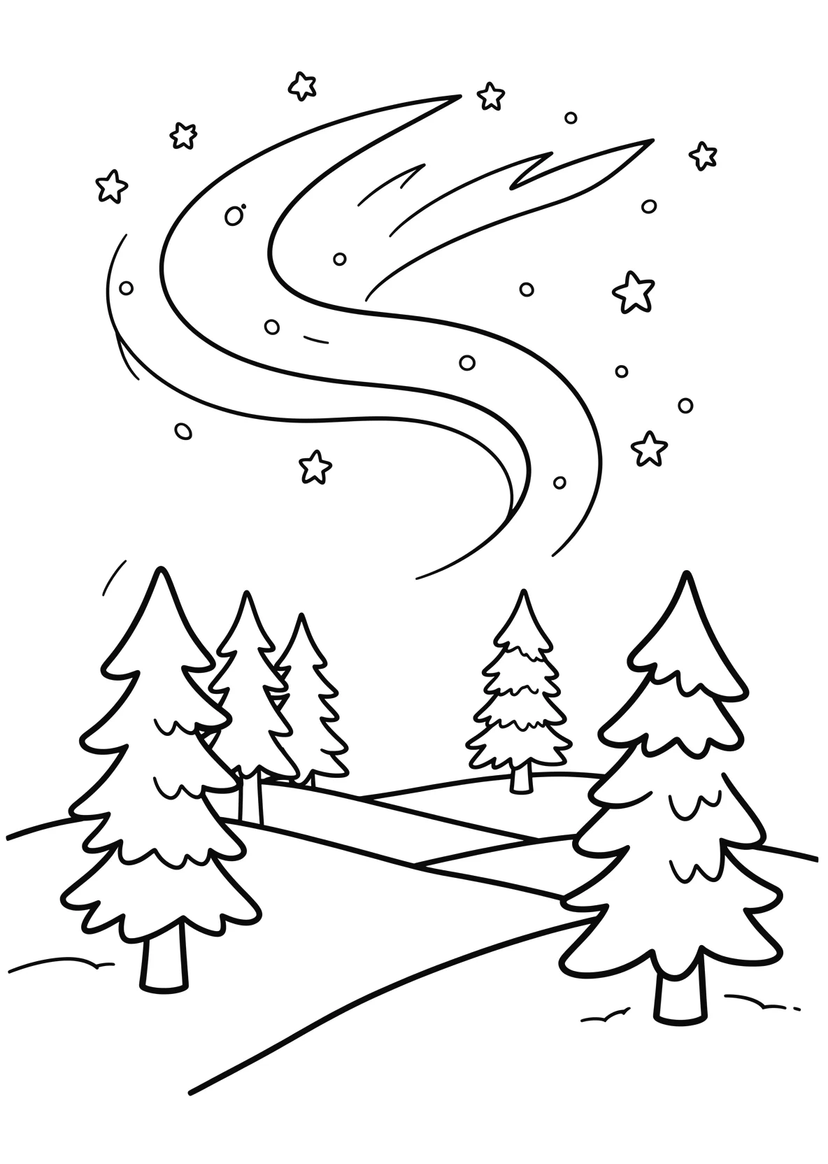 Ausmalbild Nordlichter ueber einer verschneiten Landschaft - Ausmalbild aus der Kategorie Natur - kostenlos ausdrucken