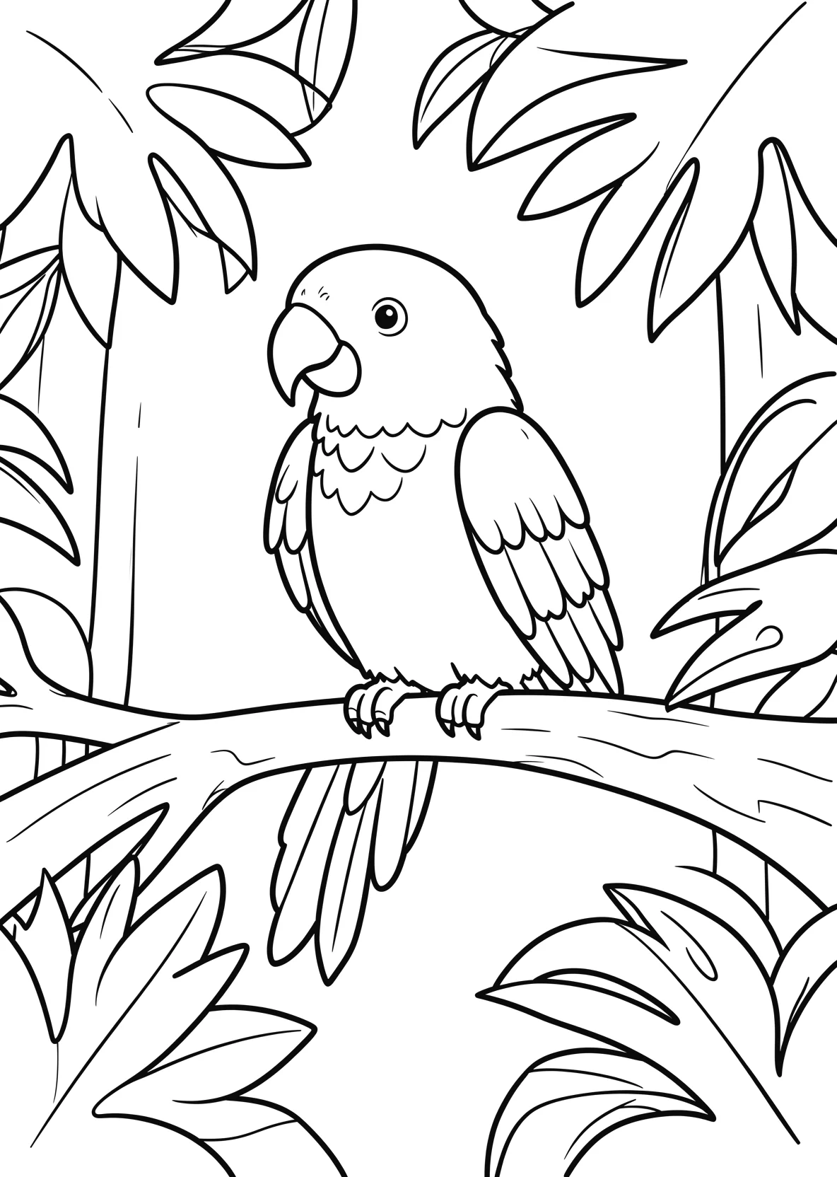 Ausmalbild Bunter Papagei sitzt auf einem Ast im Dschungel - Ausmalbild aus der Kategorie Tiere - kostenlos ausdrucken