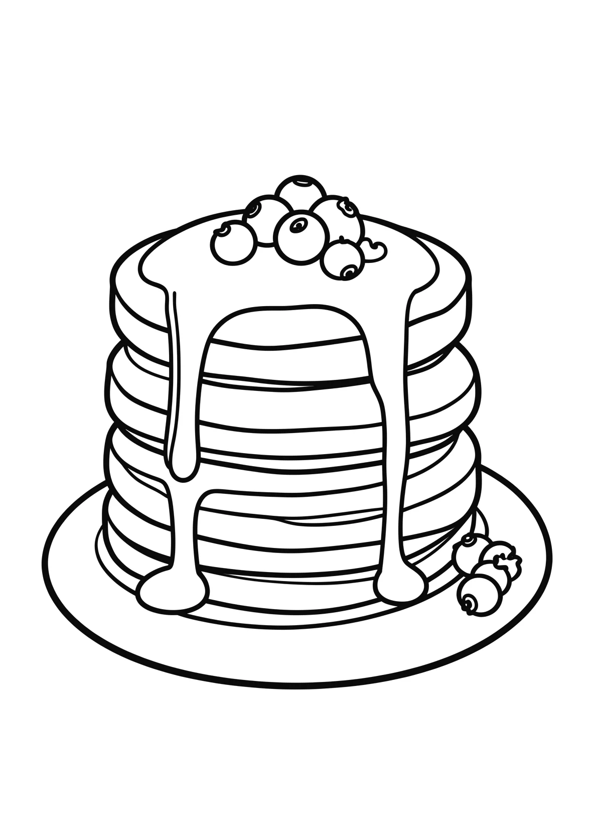Ausmalbild Stapel Pfannkuchen mit Sirup und Beeren - Ausmalbild aus der Kategorie Essen - kostenlos ausdrucken