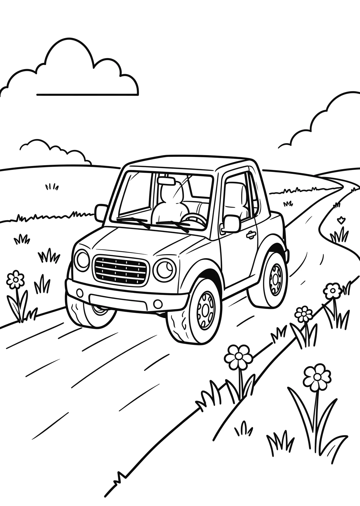 Ausmalbild Quad-Fahrzeug faehrt ueber einen Feldweg - Ausmalbild aus der Kategorie Fahrzeuge - kostenlos ausdrucken