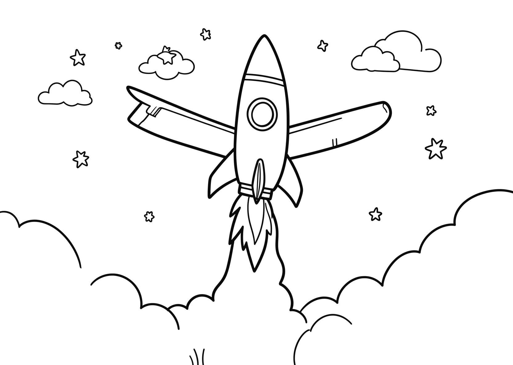 Ausmalbild Rakete startet in den Weltraum mit Feuer - Ausmalbild aus der Kategorie Fahrzeuge - kostenlos ausdrucken